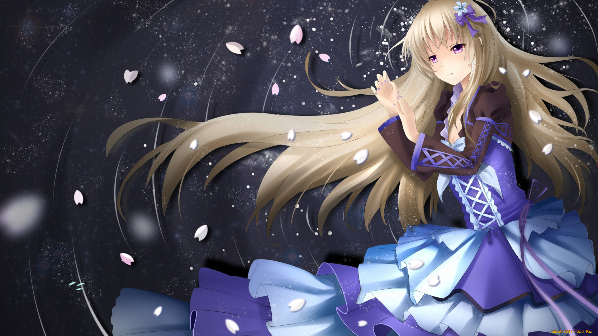 аниме, *unknown, , другое, арт, yeluno, meng, девушка, вода, лепестки, звезды