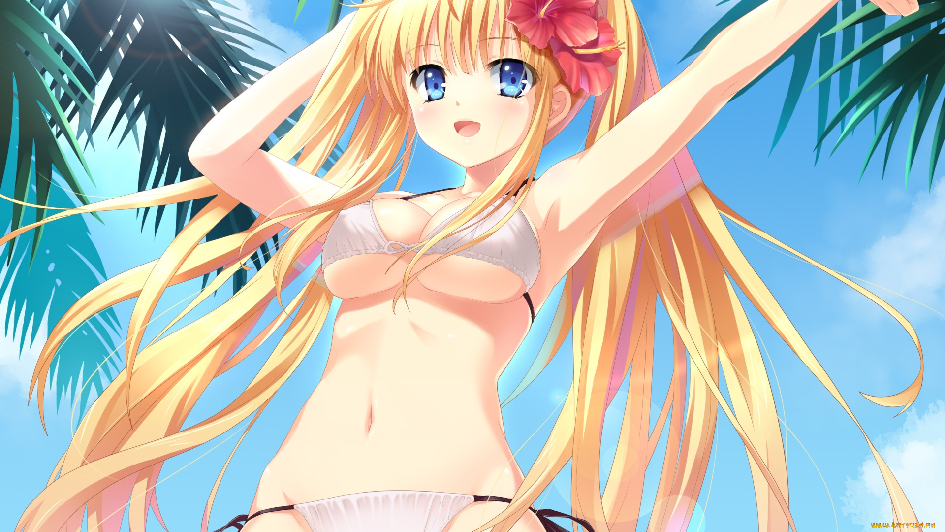 аниме, *unknown, , другое, грудь, бикини, радость, взгляд, пальмы, девушка, shoufukucho, art