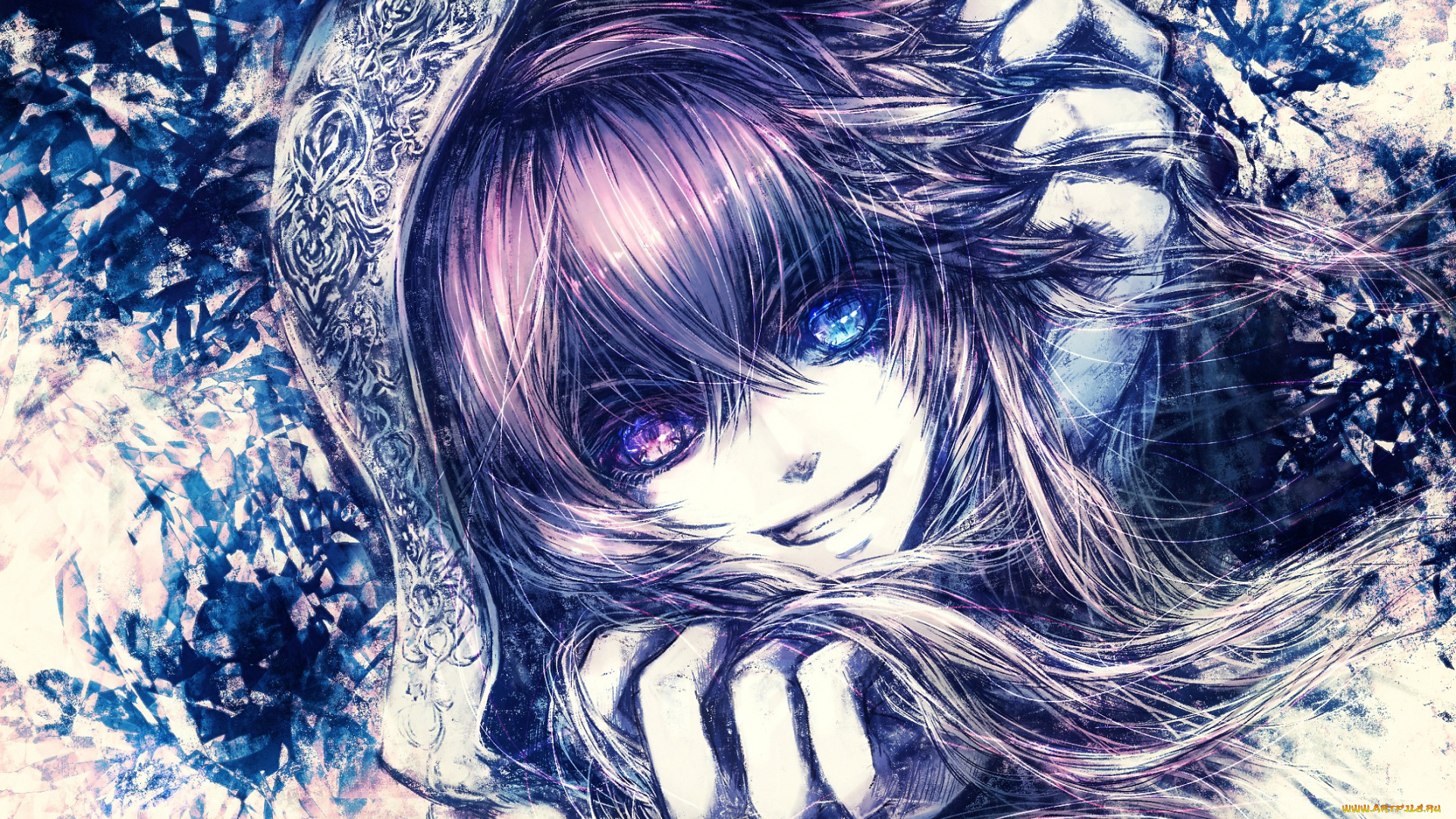 аниме, *unknown, , другое, лицо, волосы, разные, глаза, капюшон, девушка, руки