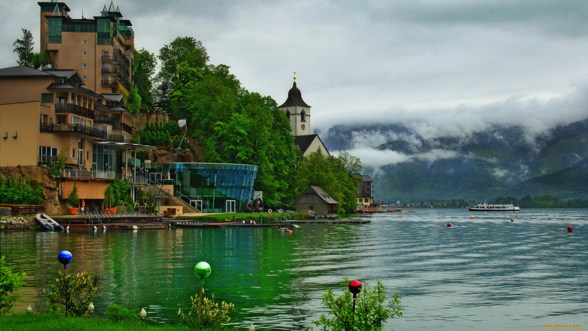австрия, санкт-вольфганг, города, -, пейзажи, кирха, дома, санкт-вольфганг, австрия, sankt, wolfgang, wolfgangsee, озеро