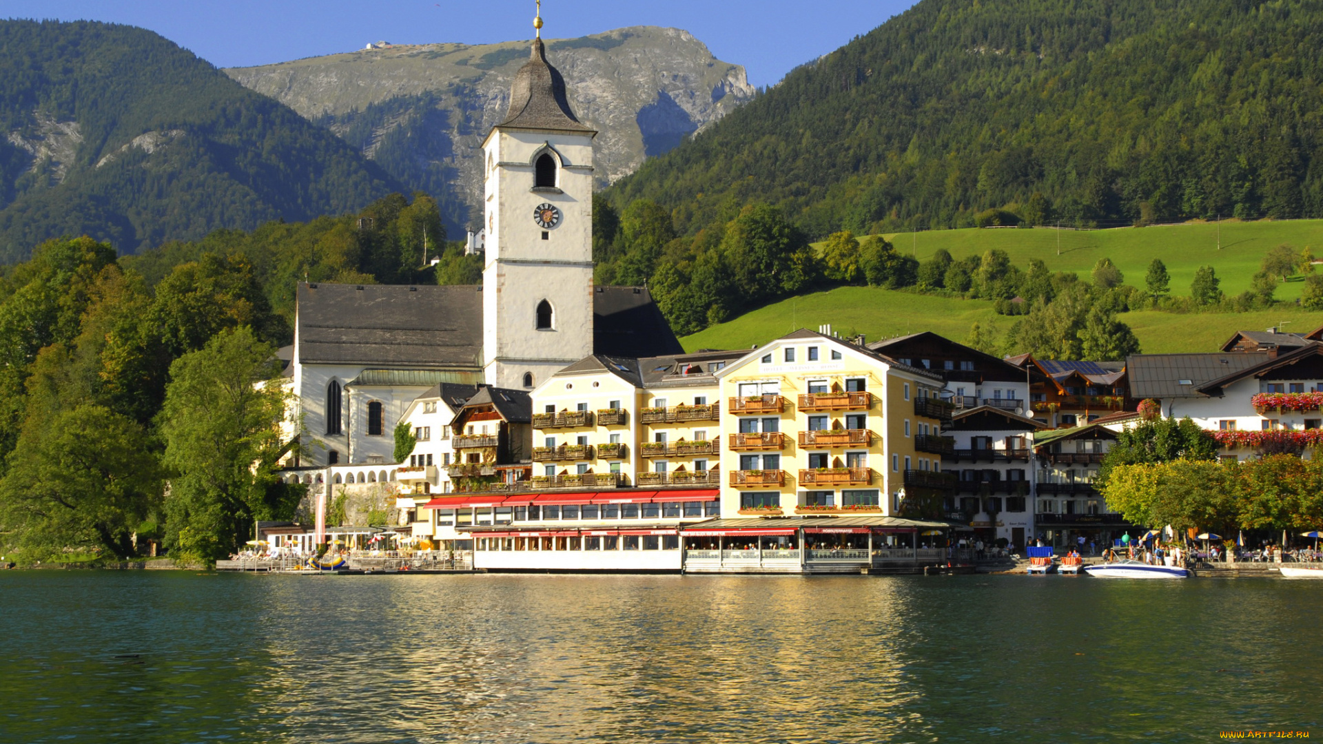 австрия, санкт-вольфганг, города, -, пейзажи, sankt, wolfgang, wolfgangsee, озеро, кирха, дома, санкт-вольфганг, австрия