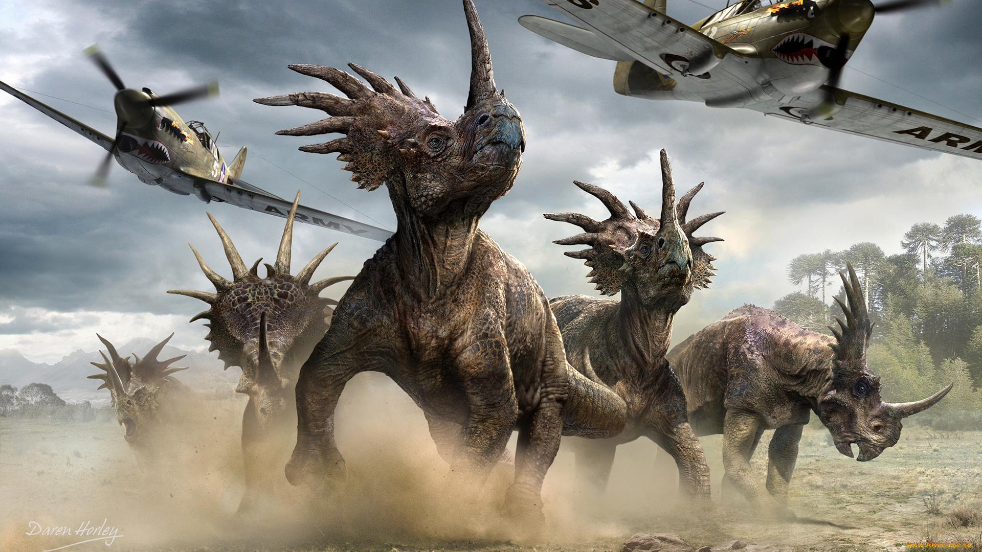daren, horley, фэнтези, существа, динозавры, стиракозавры, daren, horley, самолёты