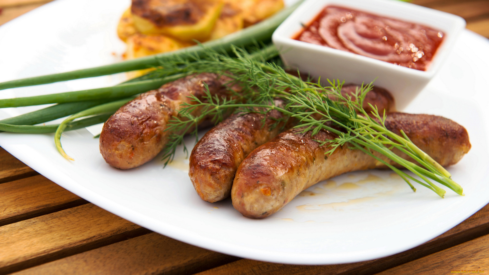 еда, колбасные, изделия, укроп, колбаски, кетчуп