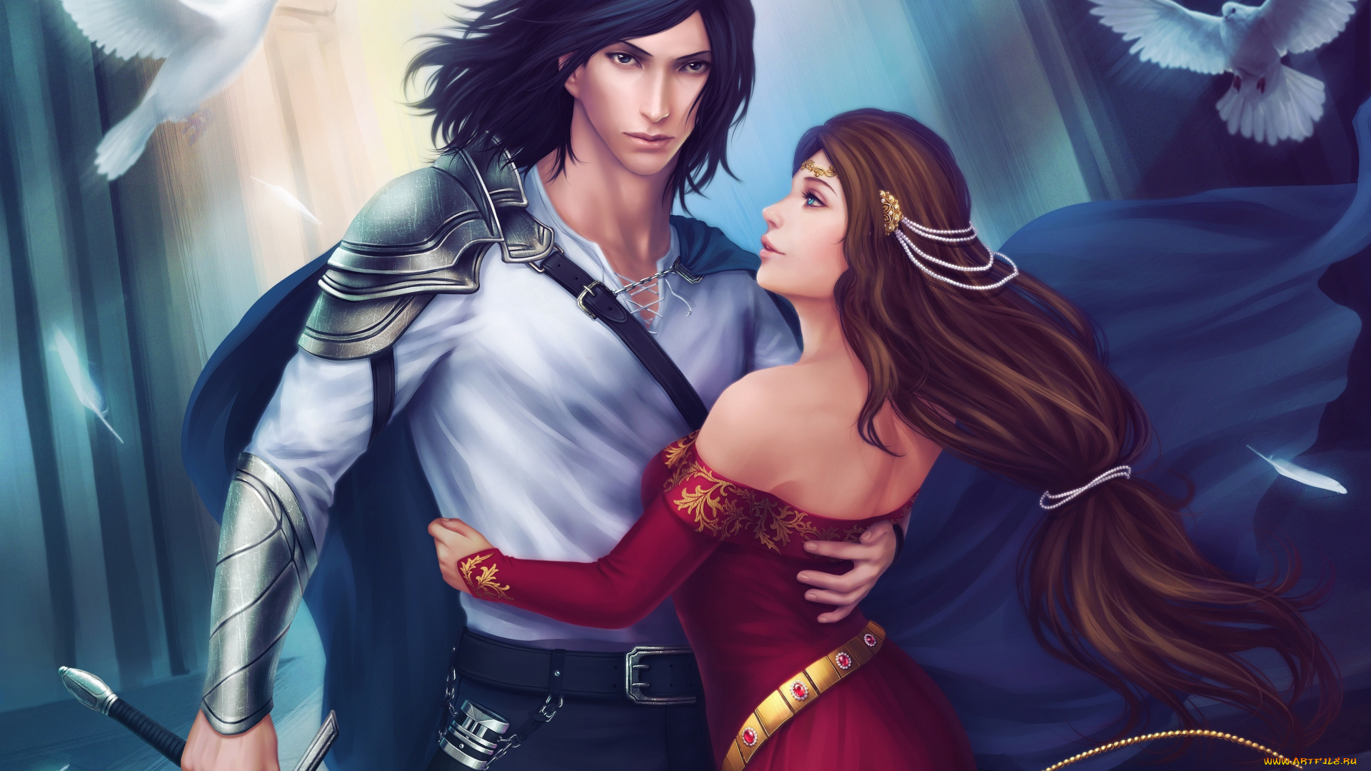 фэнтези, люди, птицы, lancelot, меч, оружие, парень, девушка, guinevere