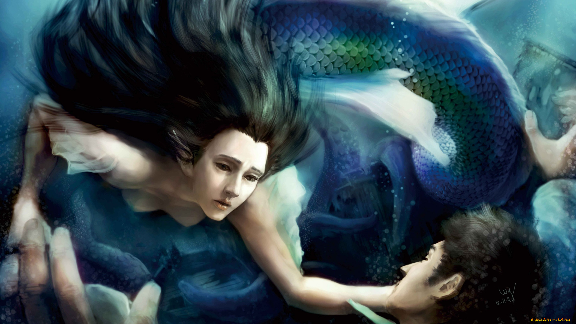 фэнтези, русалки, русалка, мужчина, глубина
