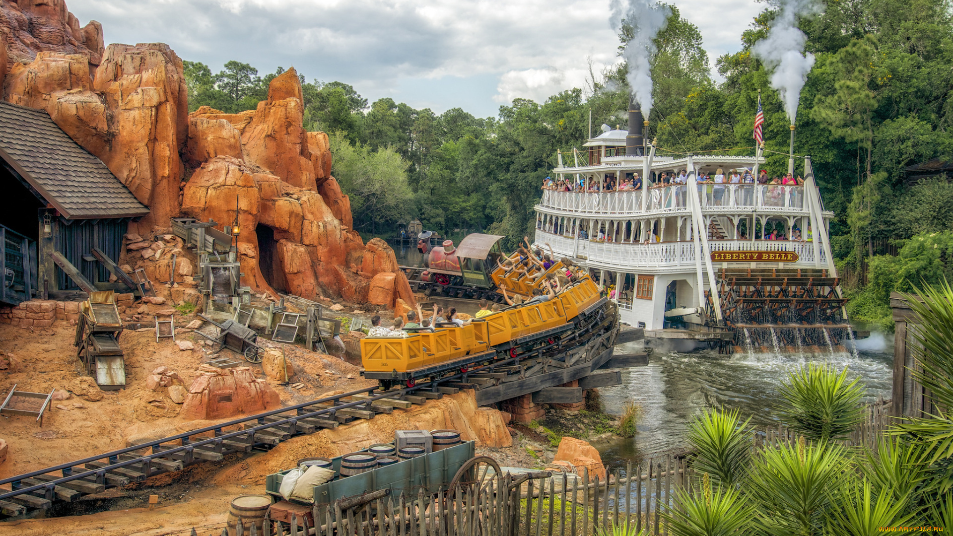 города, диснейленд, пароход, река, парк, аттракционы