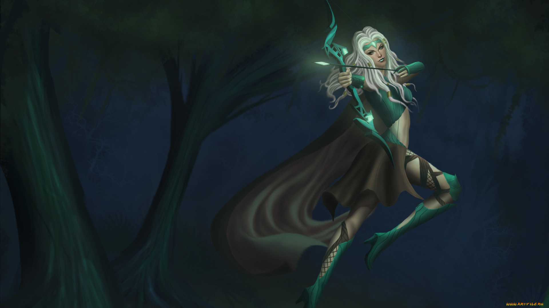 league, of, legends, фэнтези, девушки, девушка, ashe, league, of, legends, прыжок, лес, арт, оружие, лук