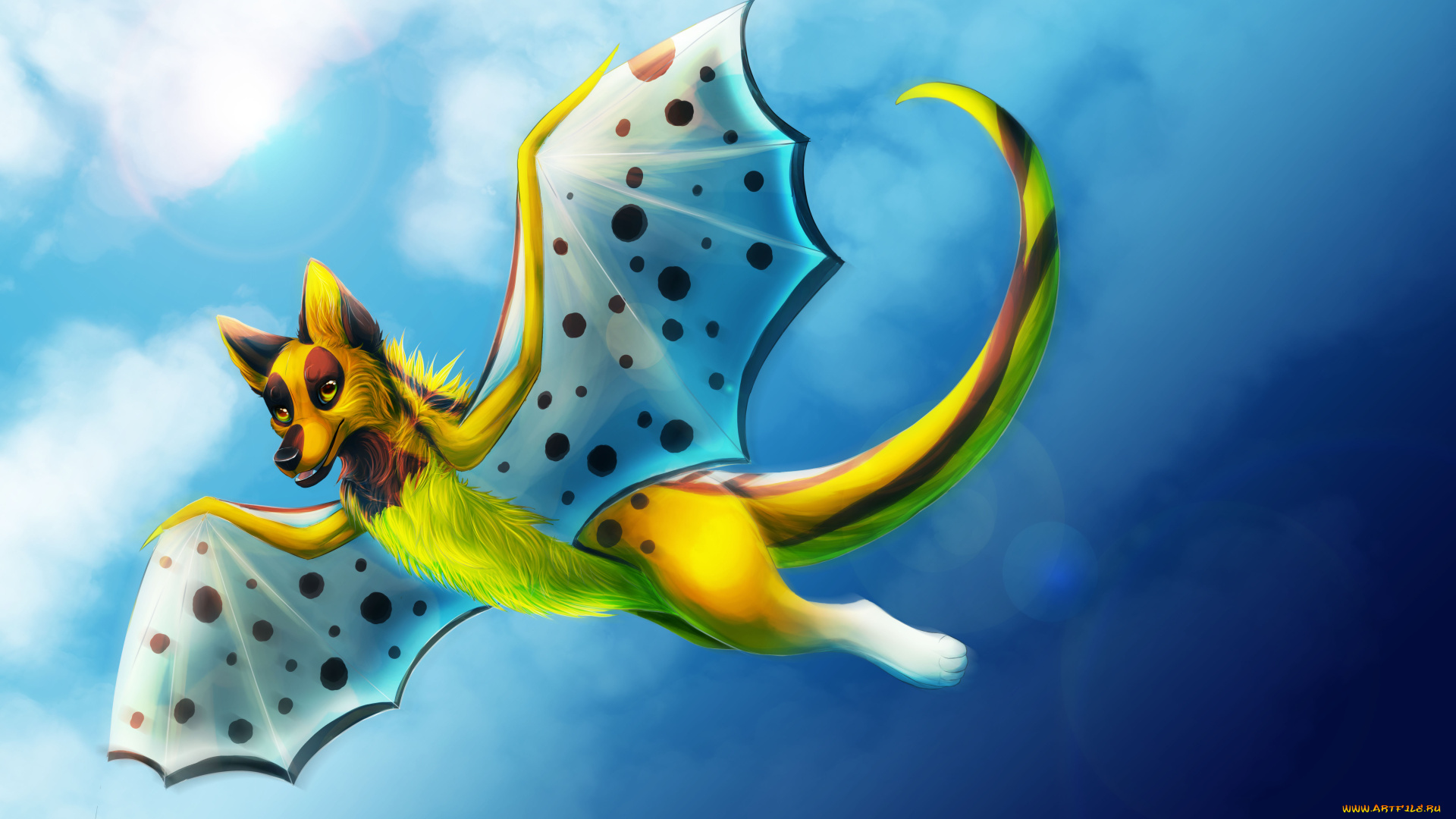 рисованные, животные, , сказочные, , мифические, полет, крылья, фон, собака