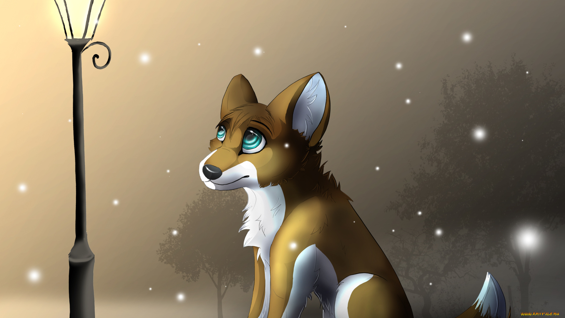 рисованные, животные, , собаки, снег, фонарь, собака, фон
