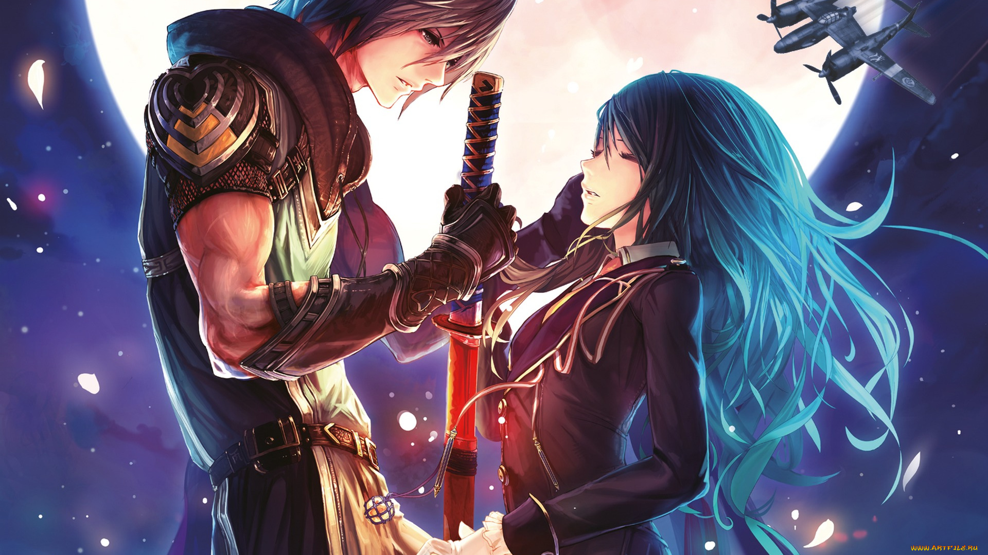 saionji, botan, аниме, -weapon, , blood, &, technology, луна, парень, девушка, saionji, kikyou, лепестки, оружие, небо, самолет, меч, botan, bimo, tachikawa, mushimaro, akai, katana, shin, арт, ночь