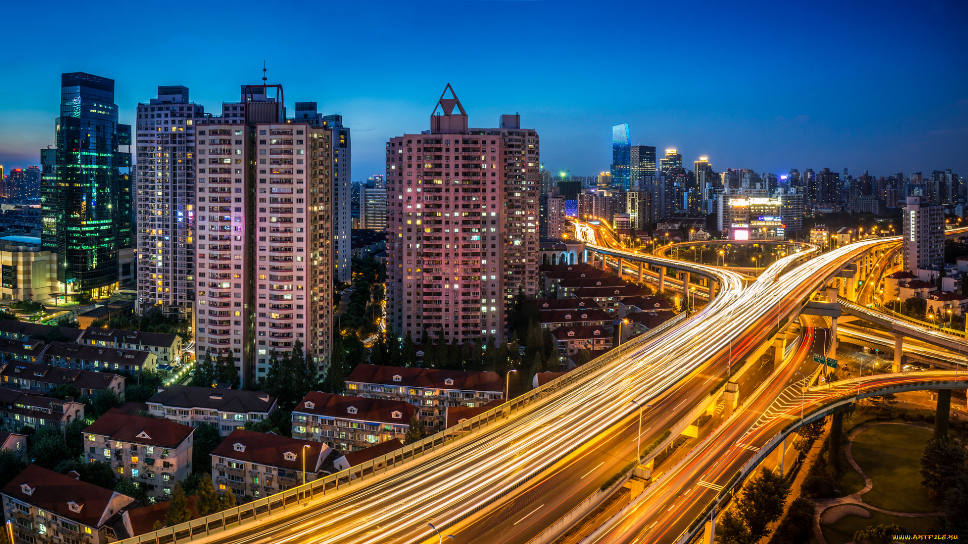 shanghai, города, шанхай, , китай, огни, небоскребы, магистраль