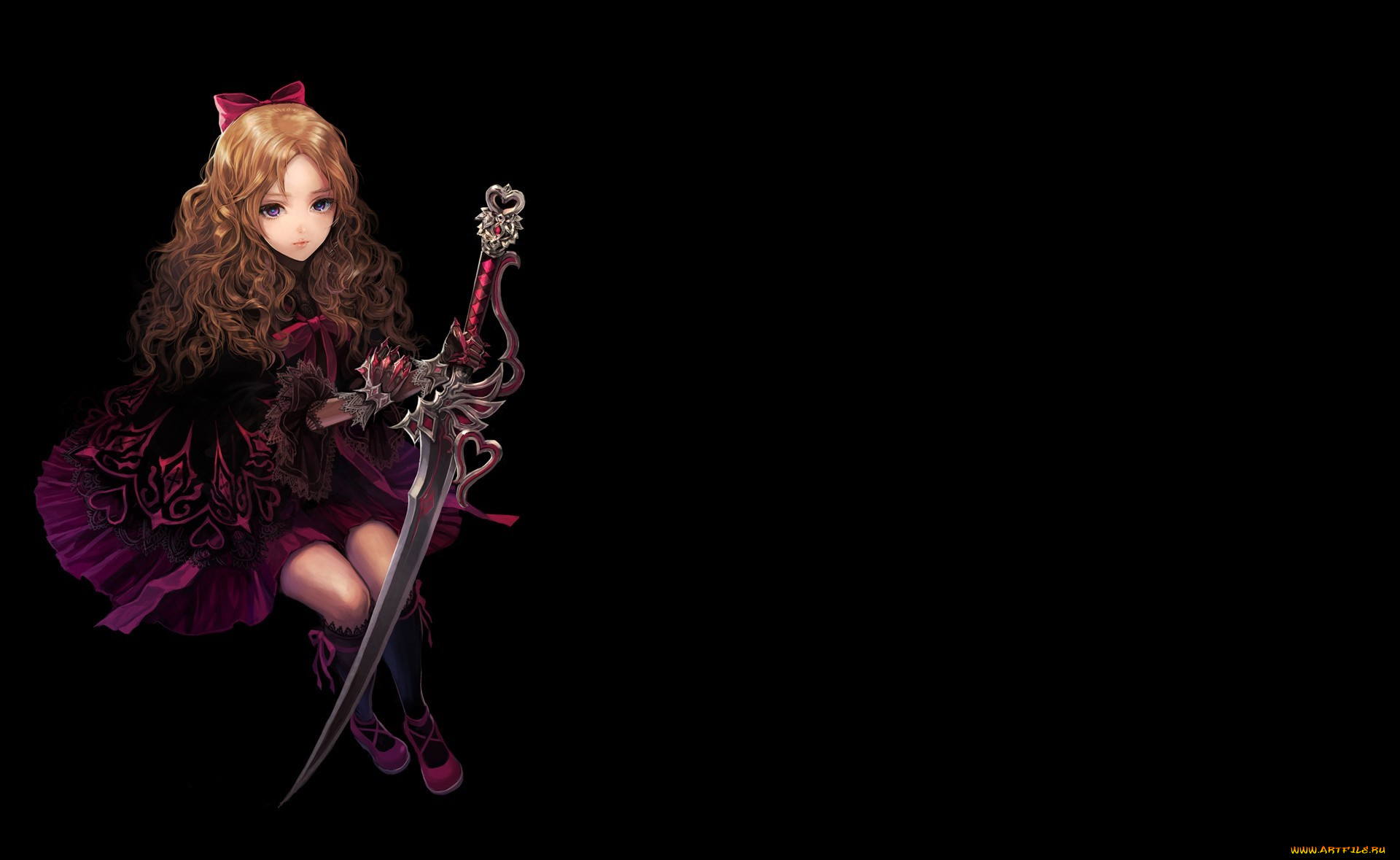 аниме, -weapon, , blood, &, technology, меч, девушка, agasang, бант, платье, темный, фон