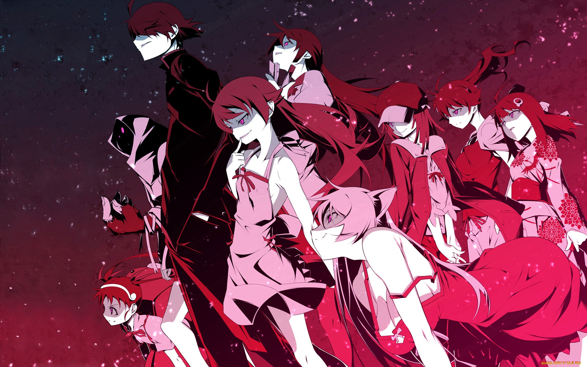 аниме, bakemonogatari, araragi, koyomi, oshino, shinobu, hachikuji, mayoi, black, hanekawa, senjougahara, hitagi, araragi, karen, araragi, tsukihi, sengoku, nadeko, tsubasa, kanbaru, suruga, девушки, мужчина