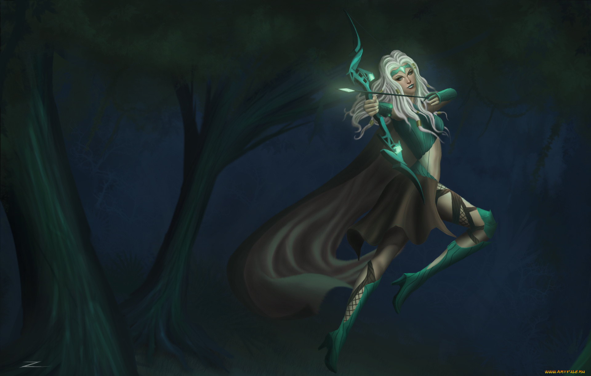 league, of, legends, фэнтези, девушки, девушка, ashe, league, of, legends, прыжок, лес, арт, оружие, лук