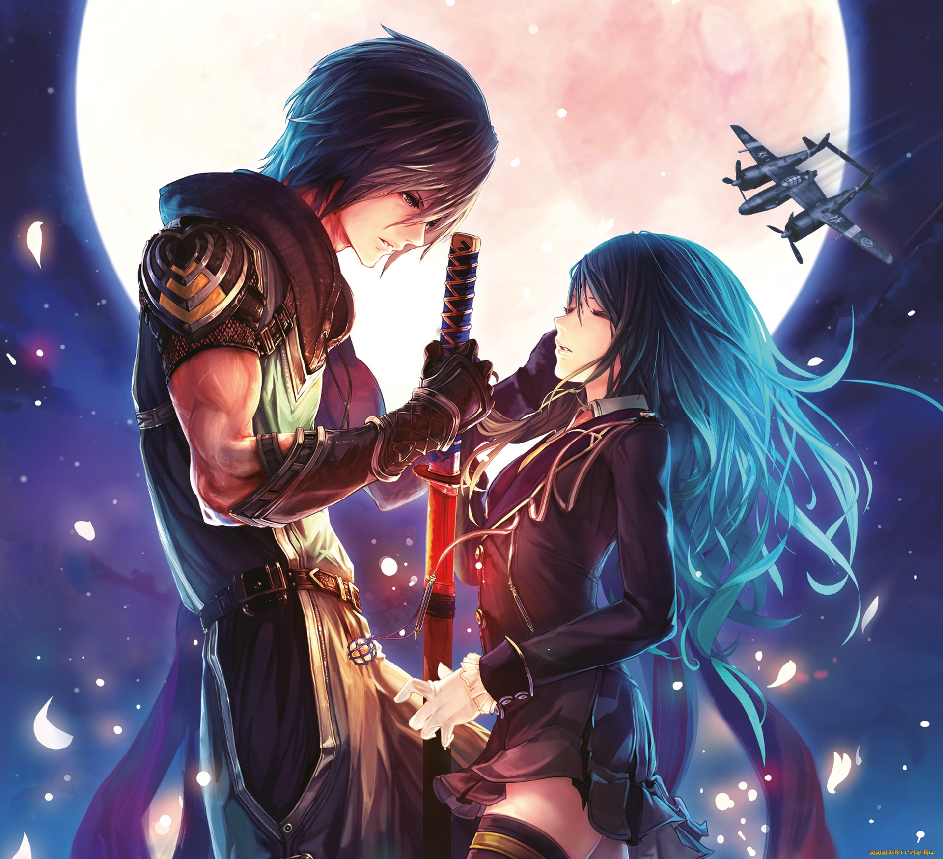 saionji, botan, аниме, -weapon, , blood, &, technology, луна, парень, девушка, saionji, kikyou, лепестки, оружие, небо, самолет, меч, botan, bimo, tachikawa, mushimaro, akai, katana, shin, арт, ночь