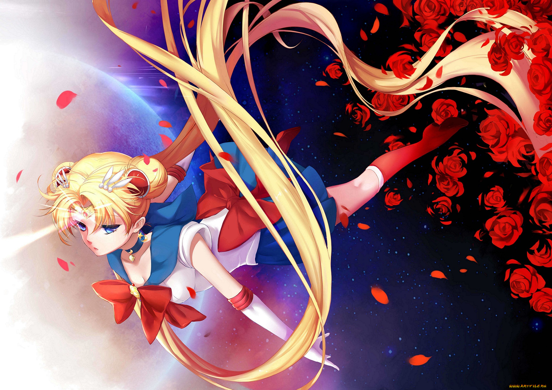 аниме, sailor, moon, art, bishoujo, senshi, sailor, moon, планета, лепестки, цветы, магия, взгляд, tsukino, usagi, yomi, yasou, девушка