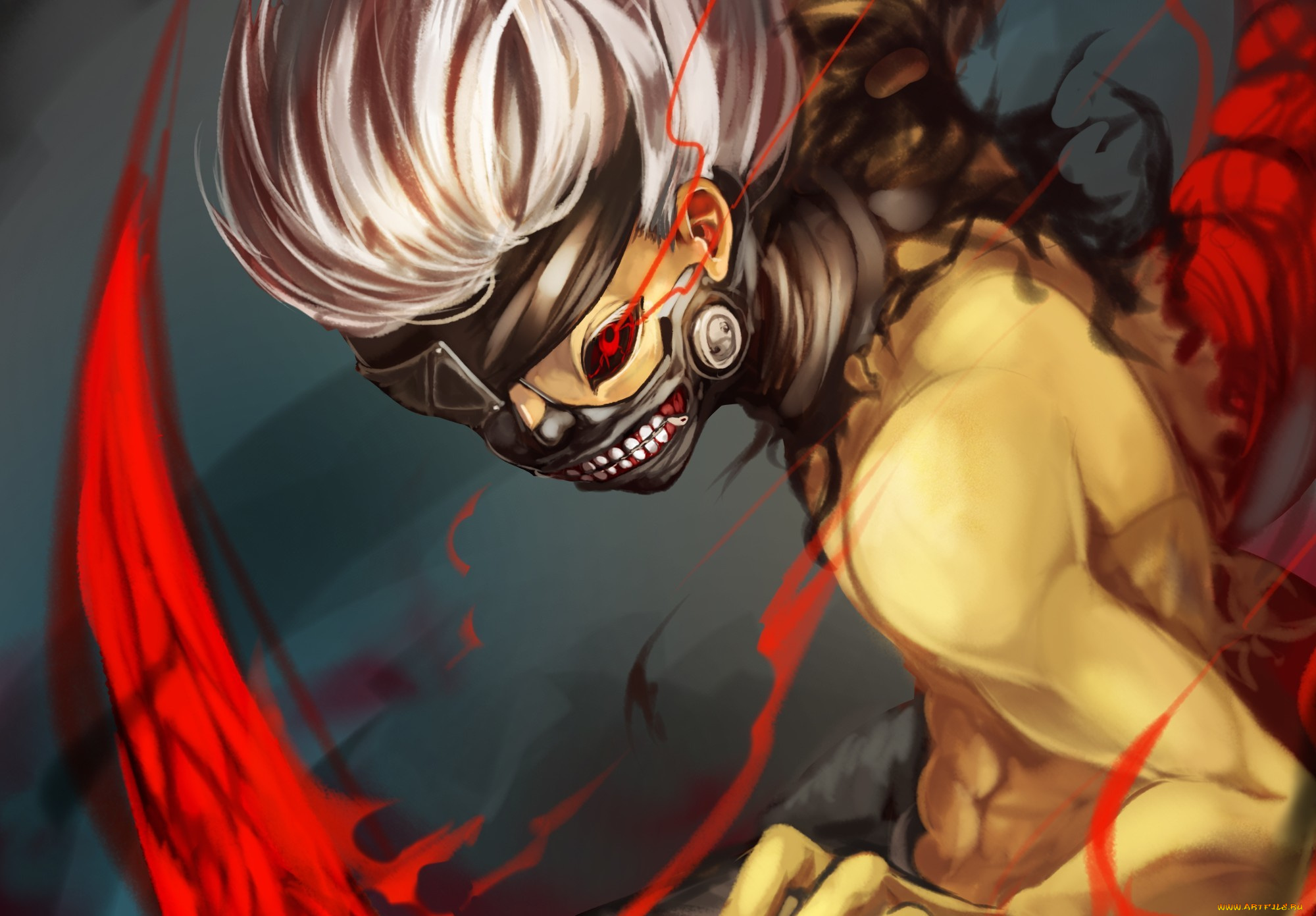 аниме, tokyo, ghoul, замок, парень, kaneki, ken, токийский, гуль, монстр, tokyo, ghoul, арт, красный, глаз, маска