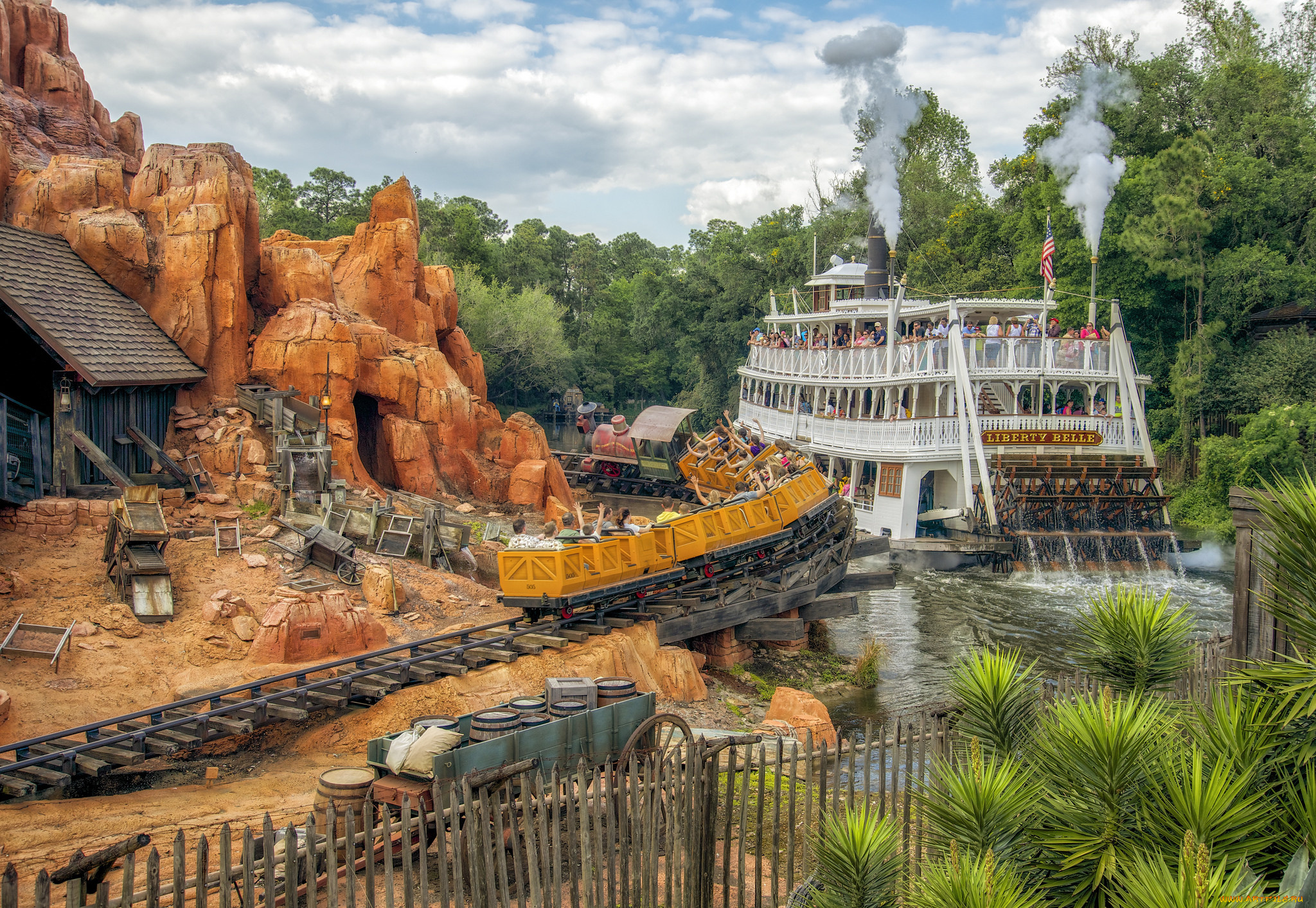города, диснейленд, пароход, река, парк, аттракционы