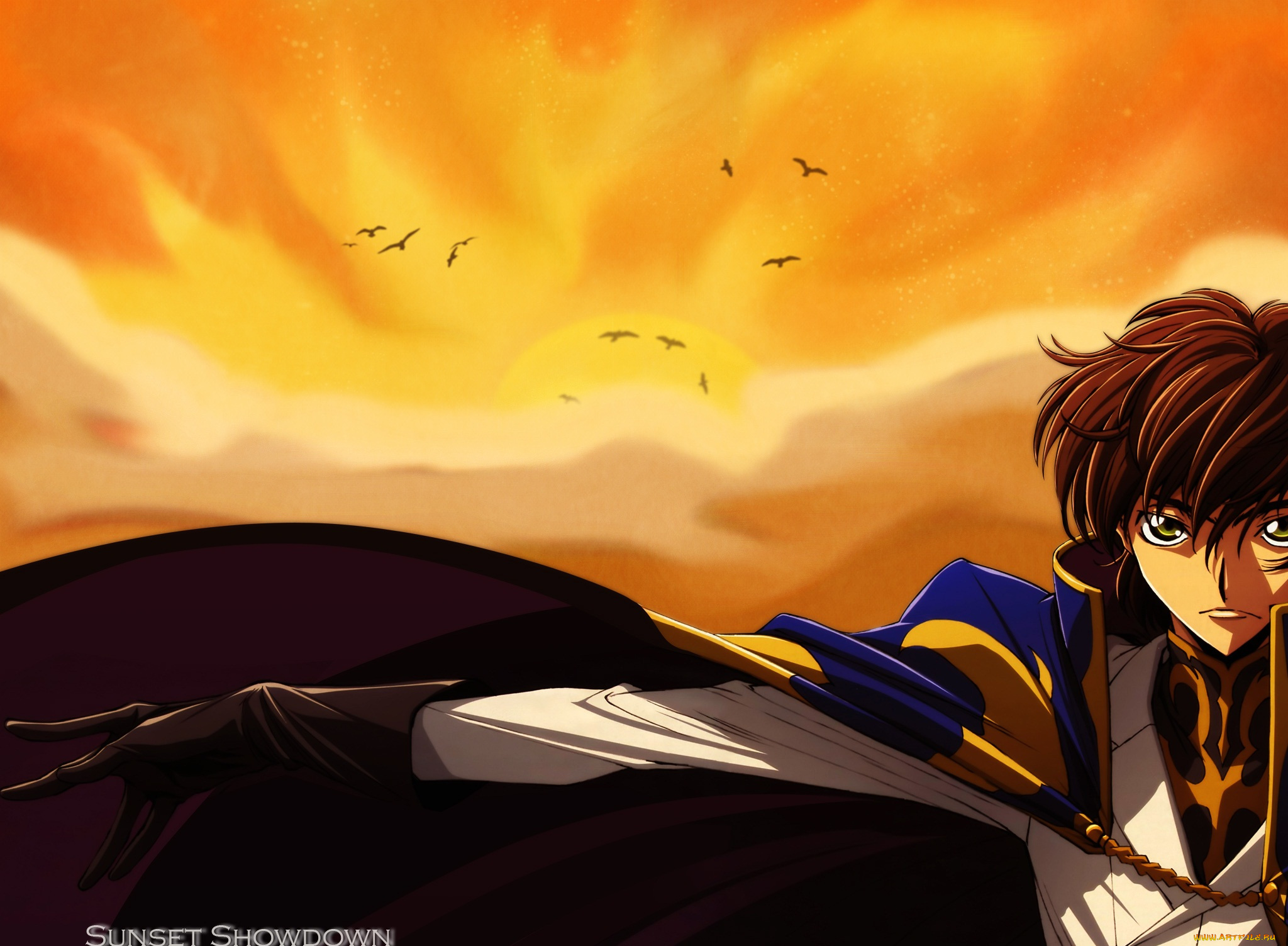 аниме, code, geass, птицы, закат, парень, код, гиасс