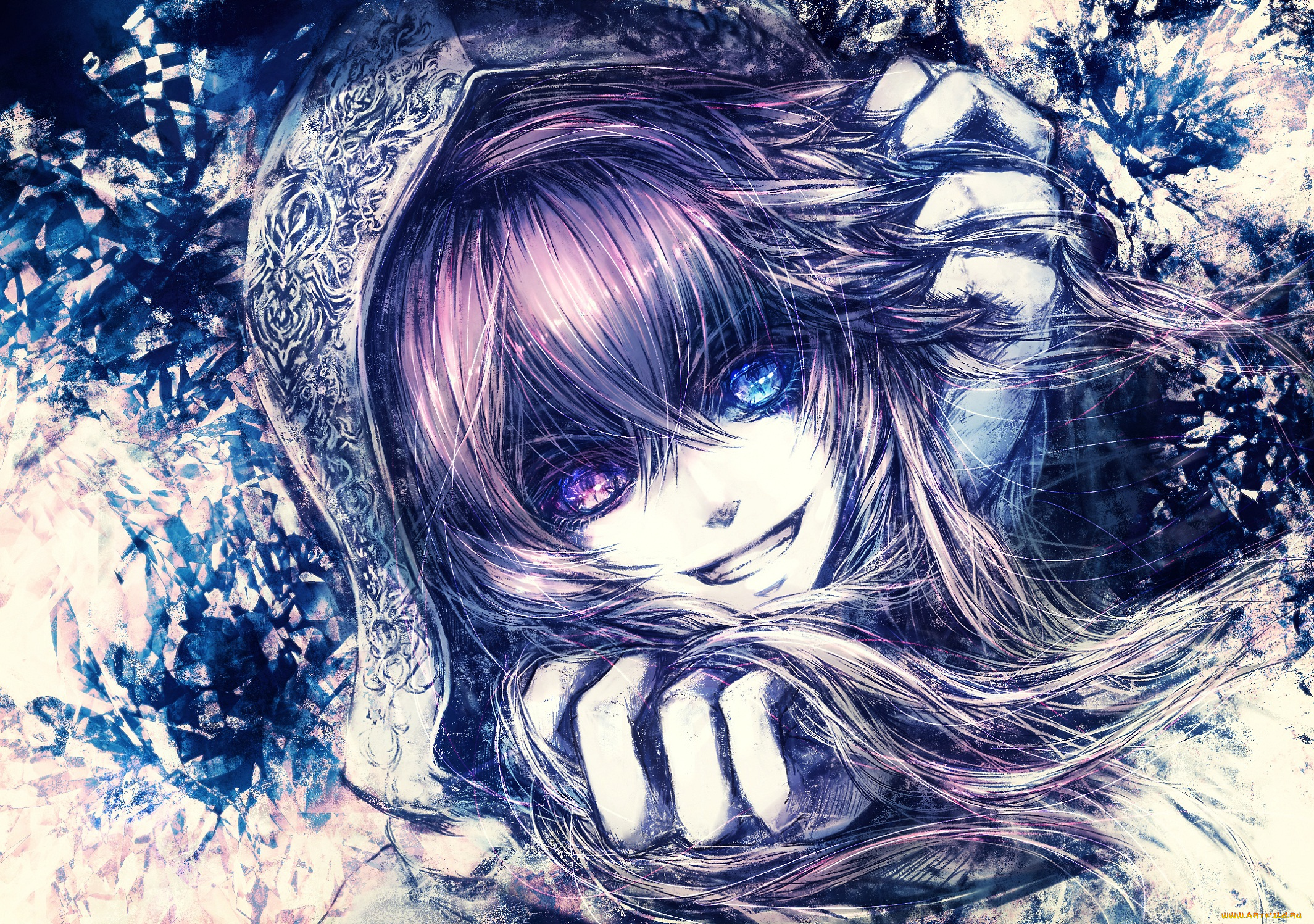 аниме, *unknown, , другое, лицо, волосы, разные, глаза, капюшон, девушка, руки