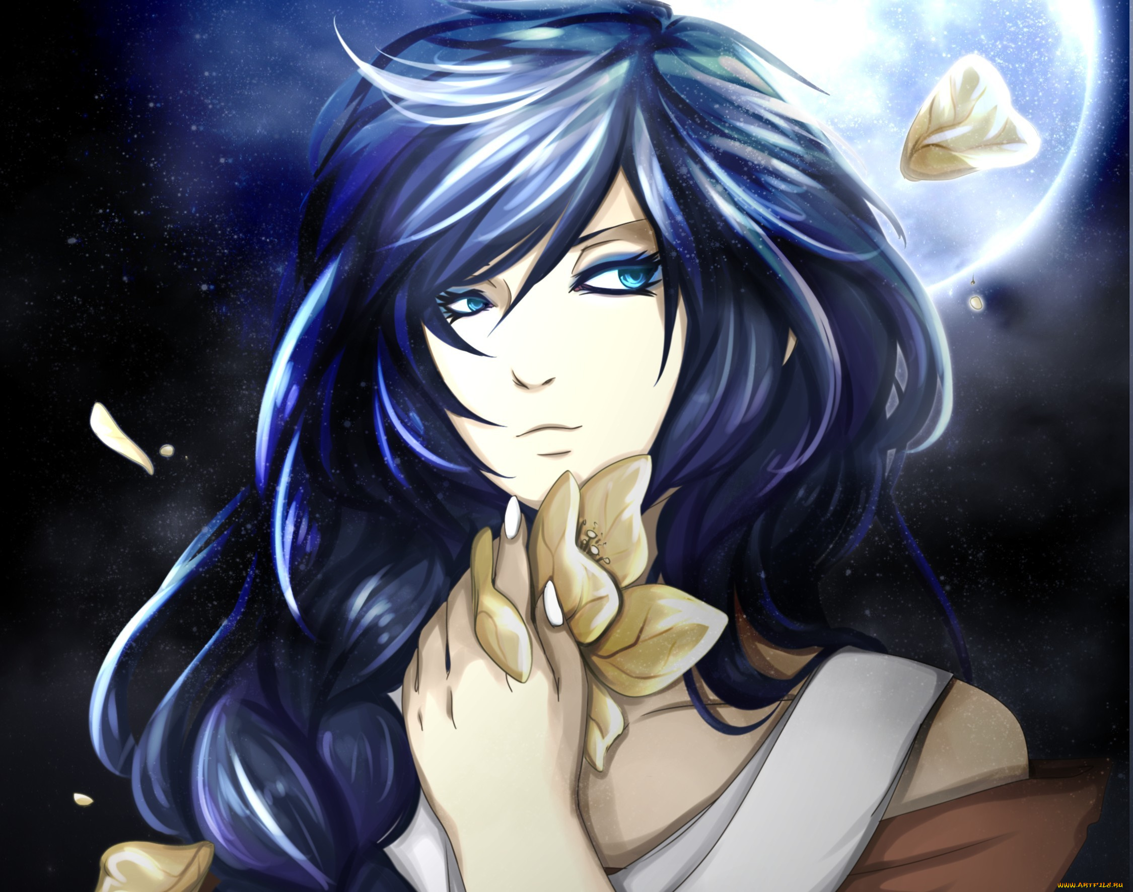 аниме, *unknown, , другое, арт, девушка, цветок, лепестки, луна