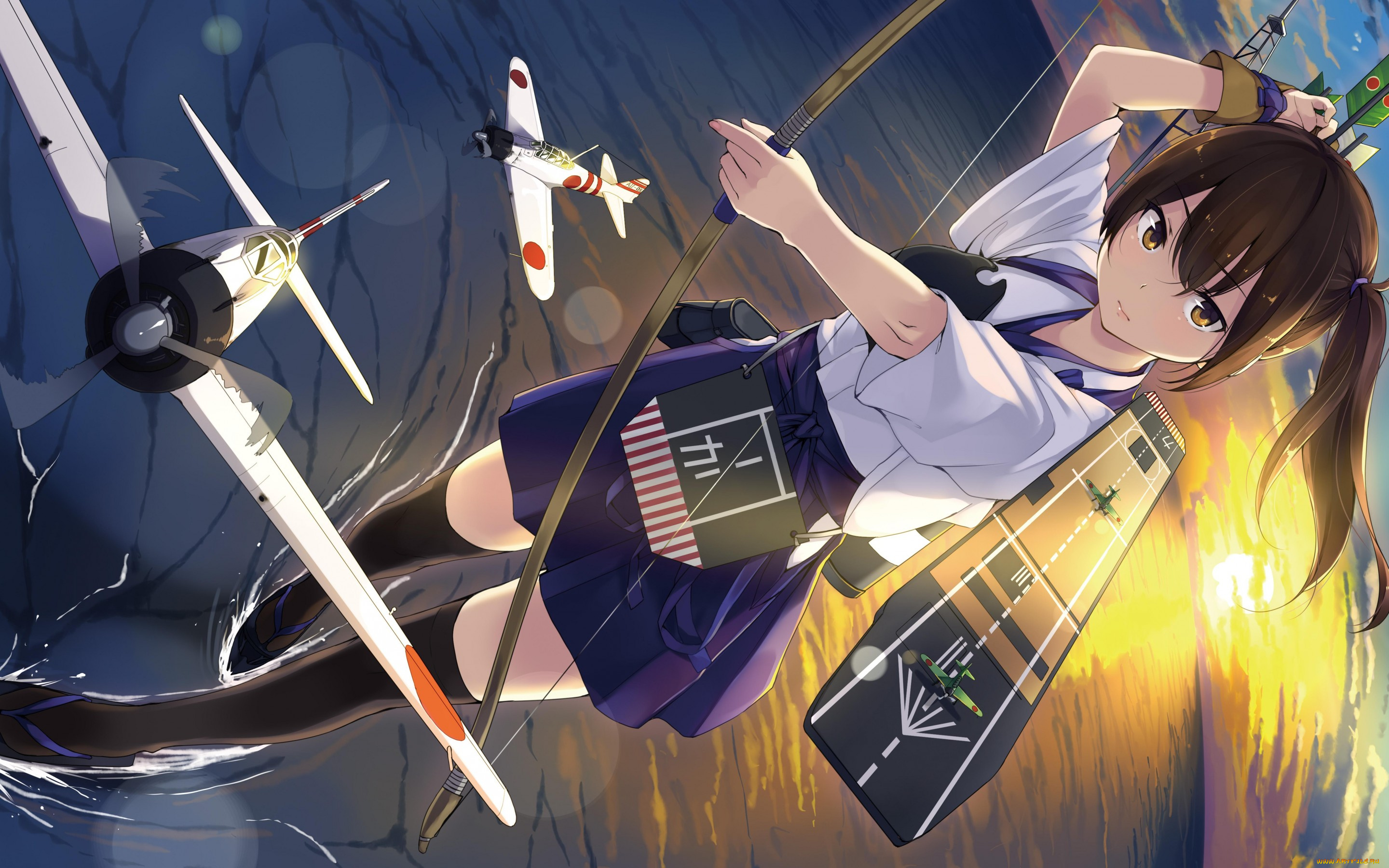 аниме, kantai, collection, art, жест, взгляд, kaga, aircraft, carrier, закат, море, самолеты, лук, оружие, девушка, unasaka, ryou, kantai, collection