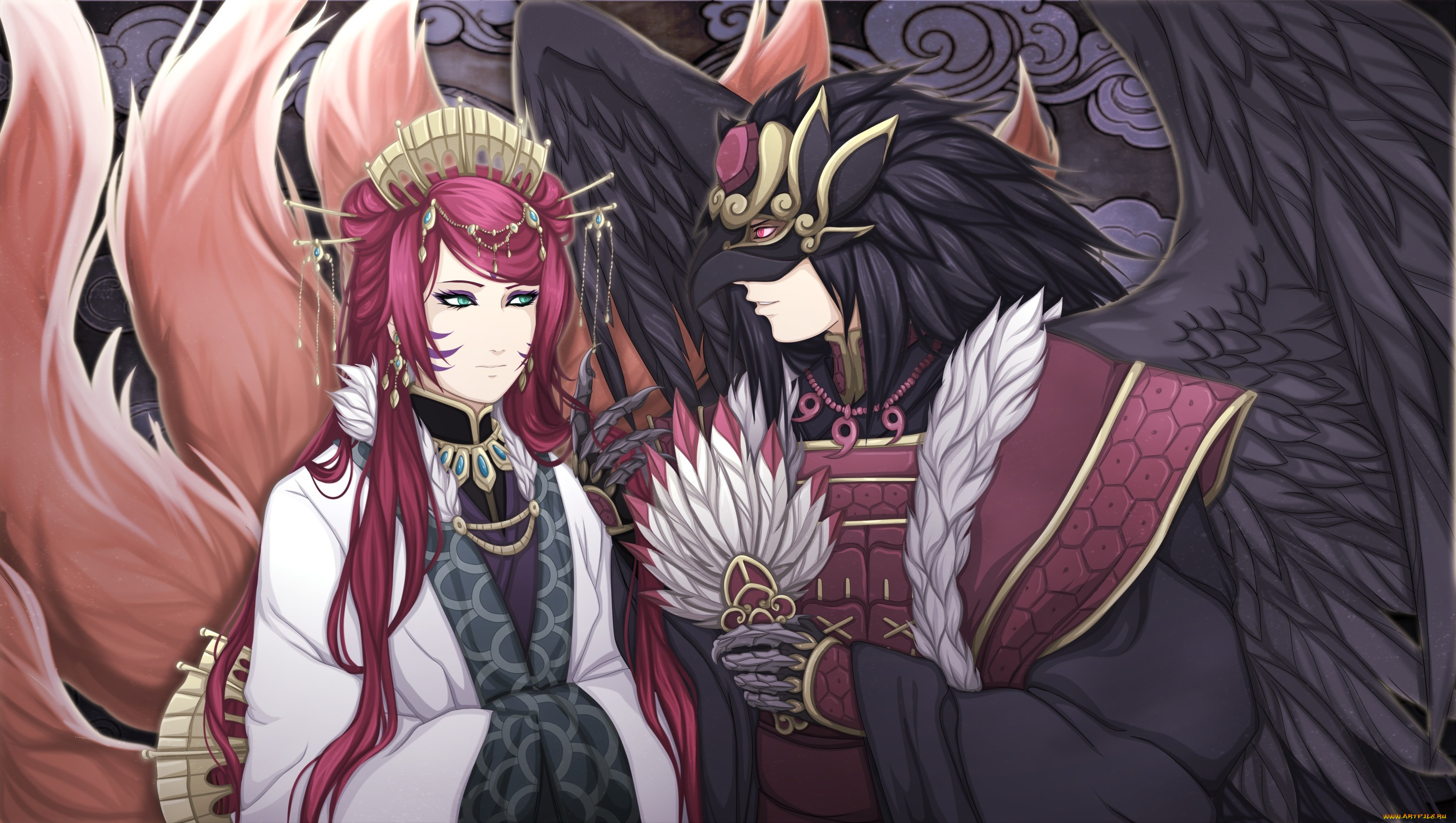 аниме, -halloween, &, magic, арт, парень, девушка, хвосты, крылья, маска, веер, заколки