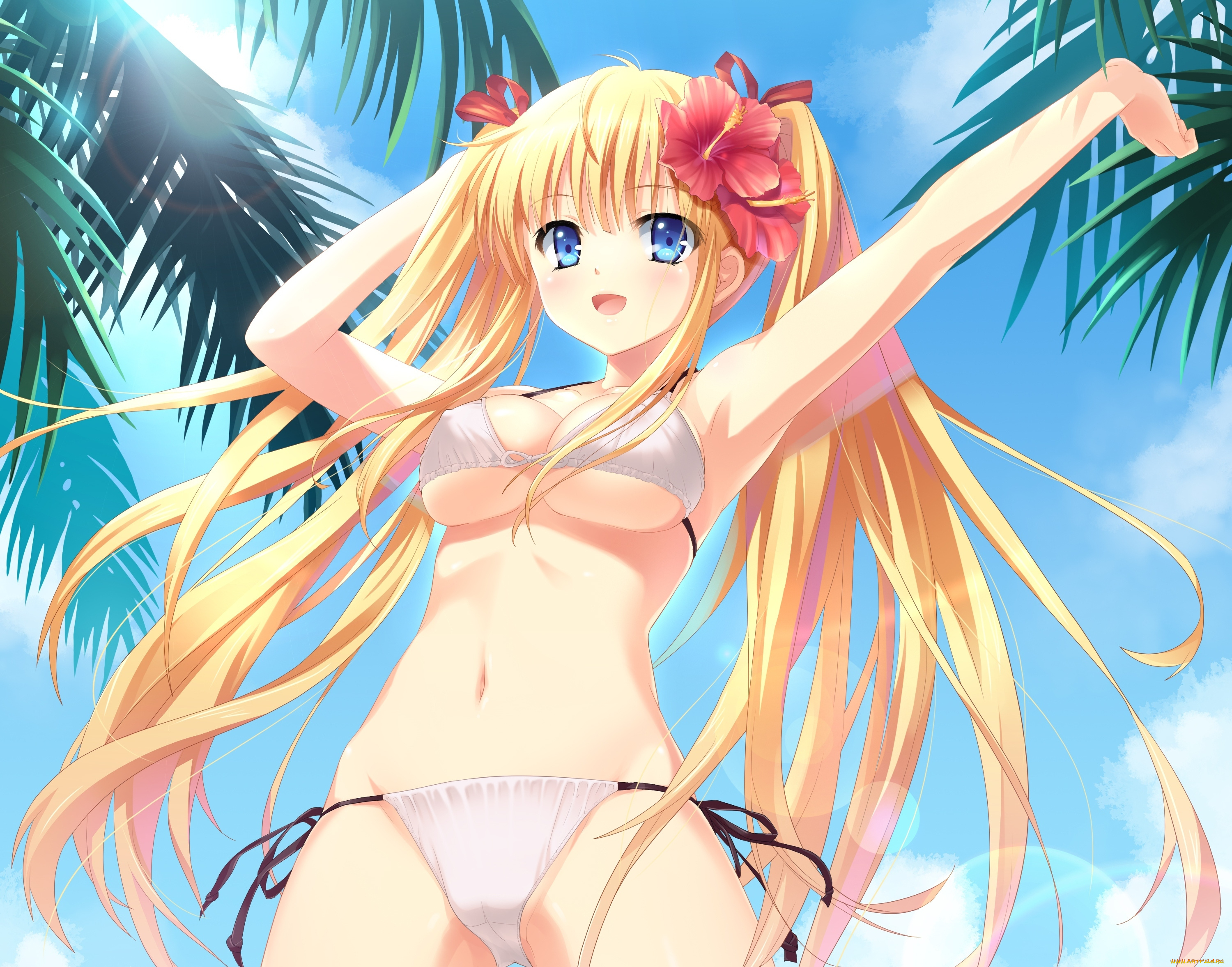 аниме, *unknown, , другое, грудь, бикини, радость, взгляд, пальмы, девушка, shoufukucho, art