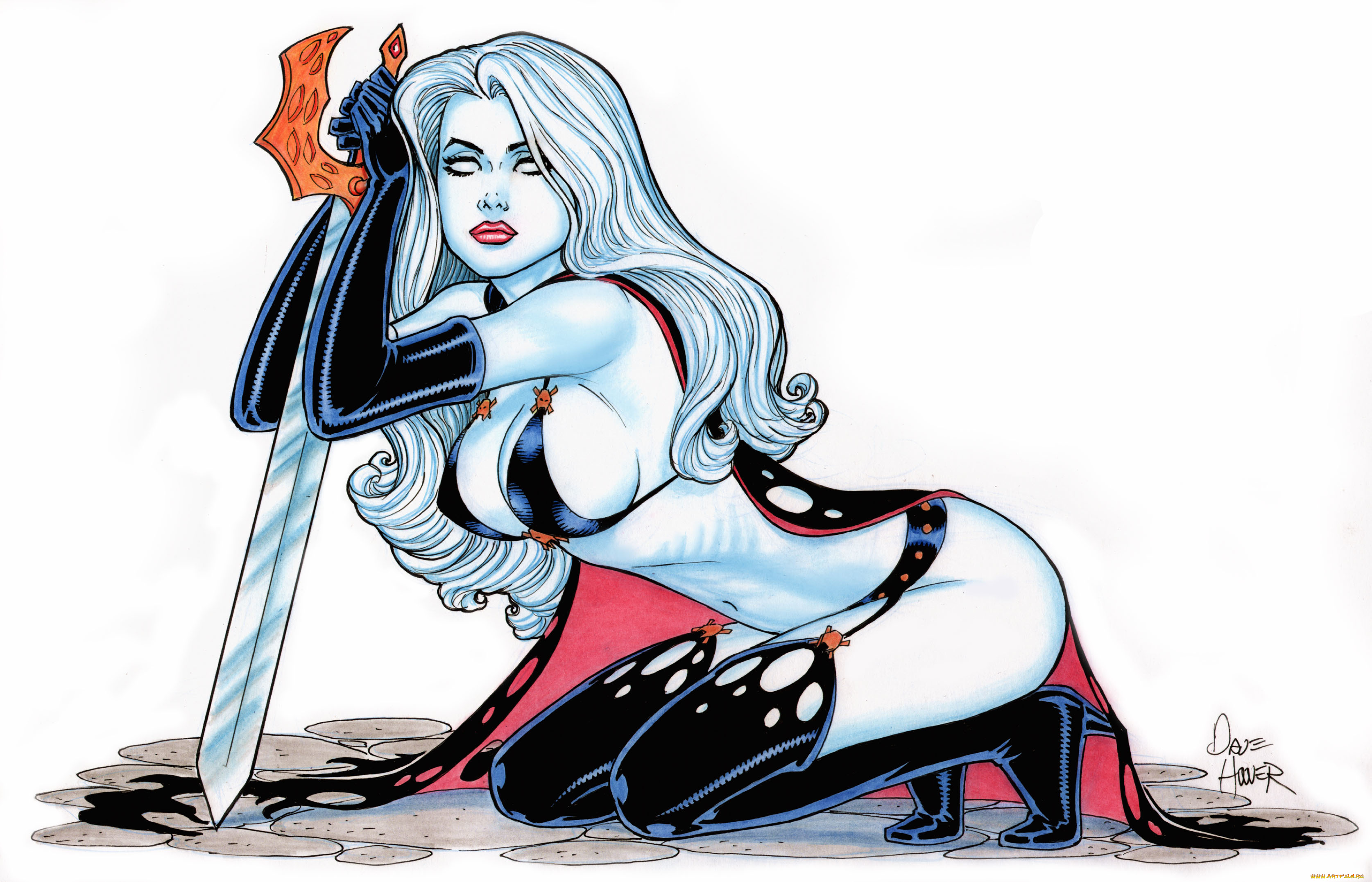 рисованные, комиксы, девушка, белый, фон, поза, меч