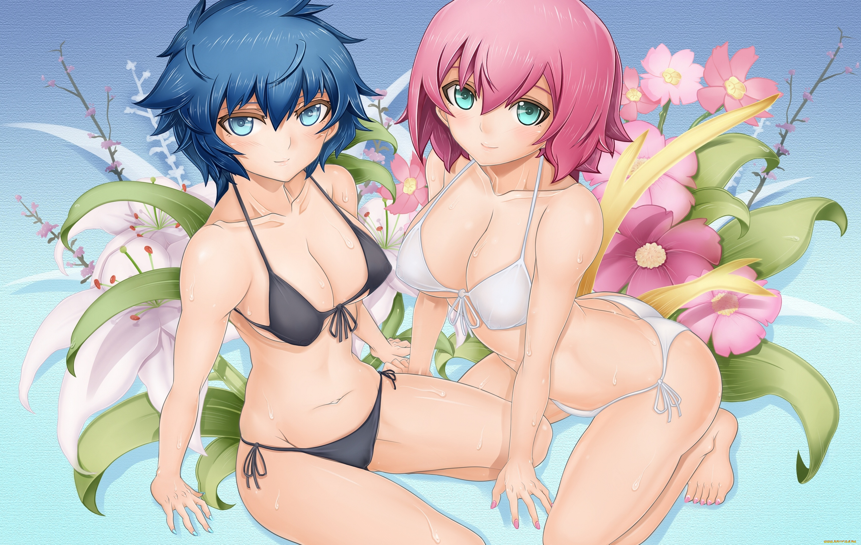 аниме, *unknown, , другое, улыбка, взгляд, девушки, цветы, oni-noboru, art, бикини, грудь