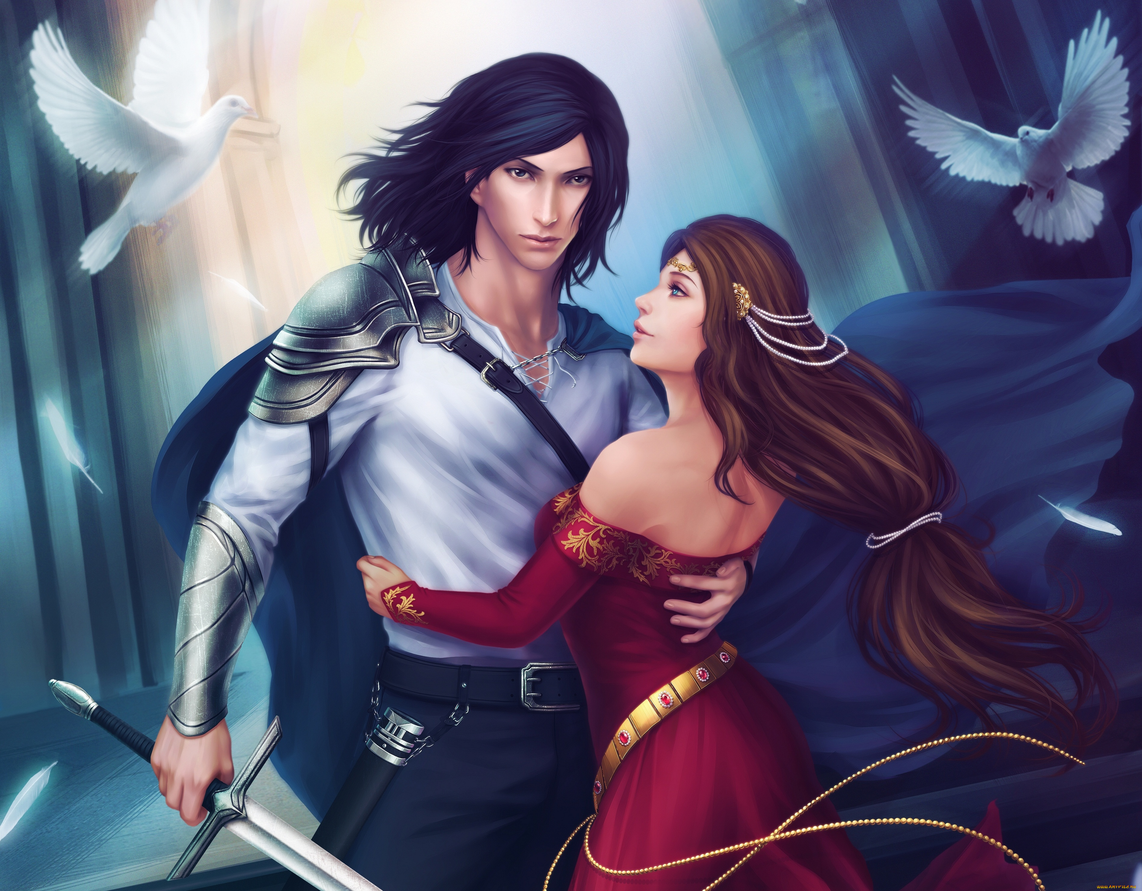 фэнтези, люди, птицы, lancelot, меч, оружие, парень, девушка, guinevere