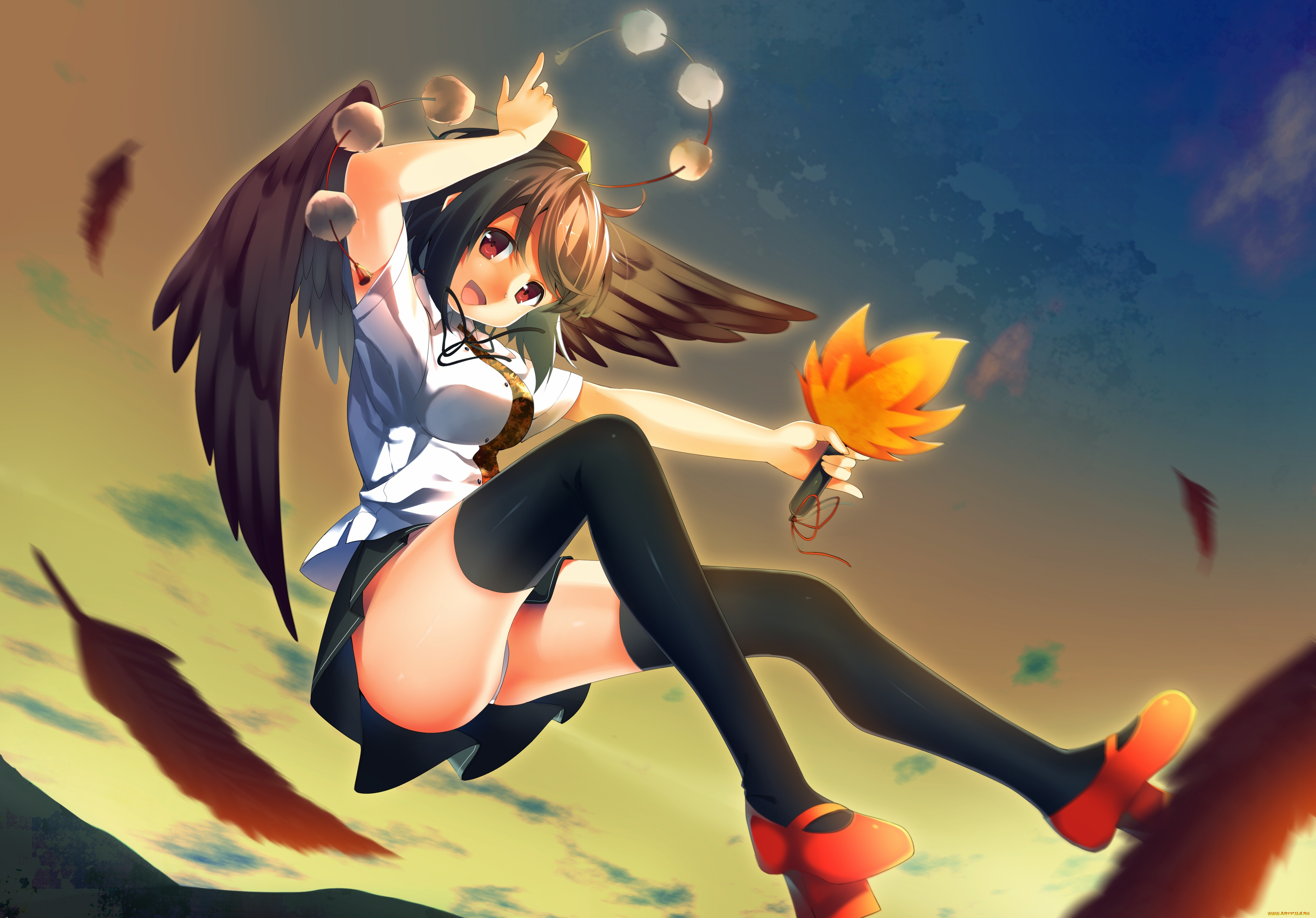 аниме, touhou, трусики, радость, shameimaru, aya, взгляд, девушка, перья, полет, крылья, niwashi, art