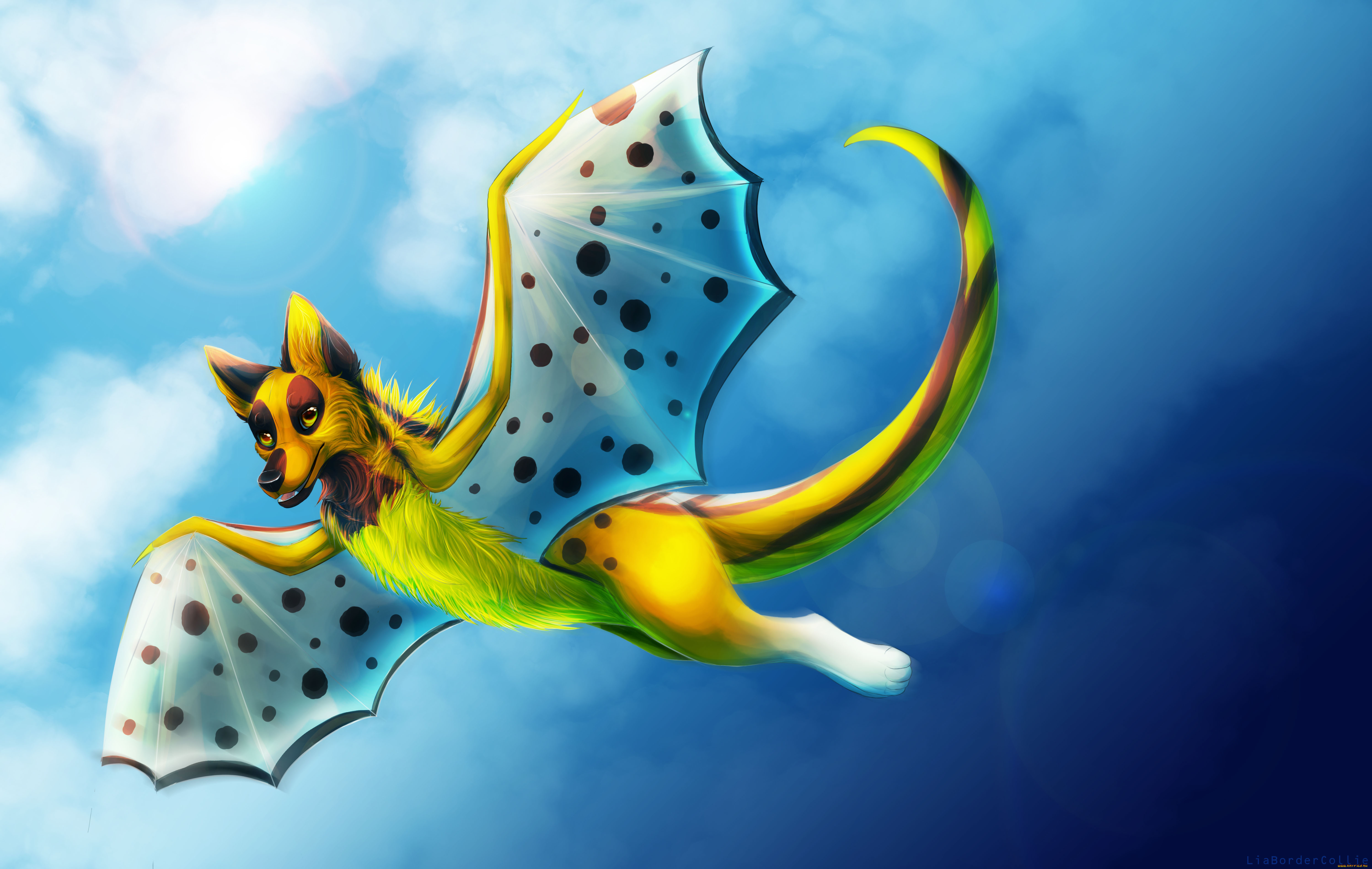 рисованные, животные, , сказочные, , мифические, полет, крылья, фон, собака