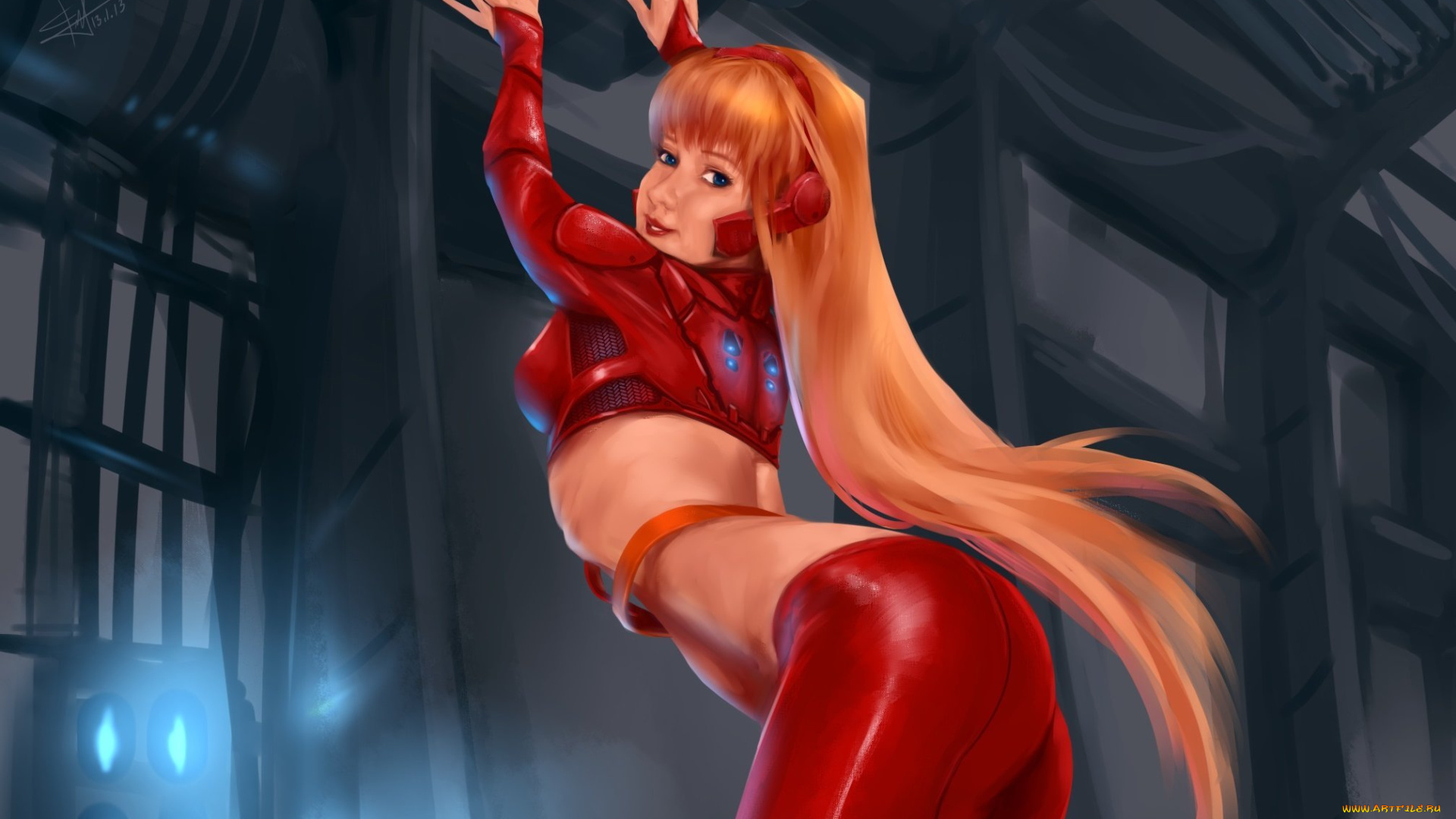 фэнтези, девушки, волосы, поза, красный, костюм, фантастика, взгляд, девушка, арт