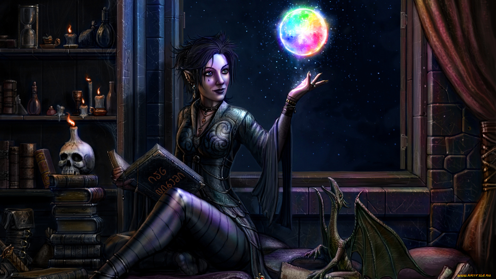 фэнтези, эльфы, маг, эльф, девушка, свеча, череп, окно, ночь, сфера, дракон, магия, книга
