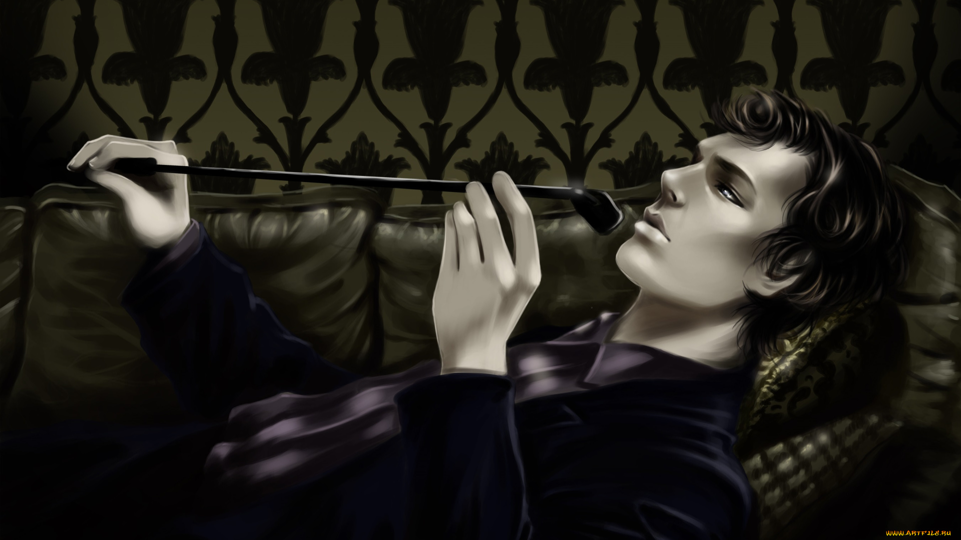 фэнтези, люди, брюнет, узор, комната, стена, лежит, ночь, парень, арт