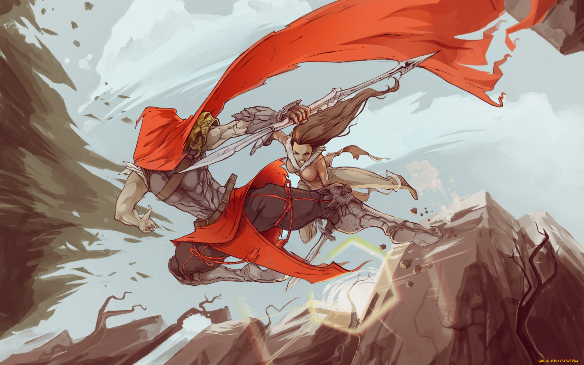 фэнтези, девушки, плащ, оружие, бой, девушка, воин, арт, фантастика