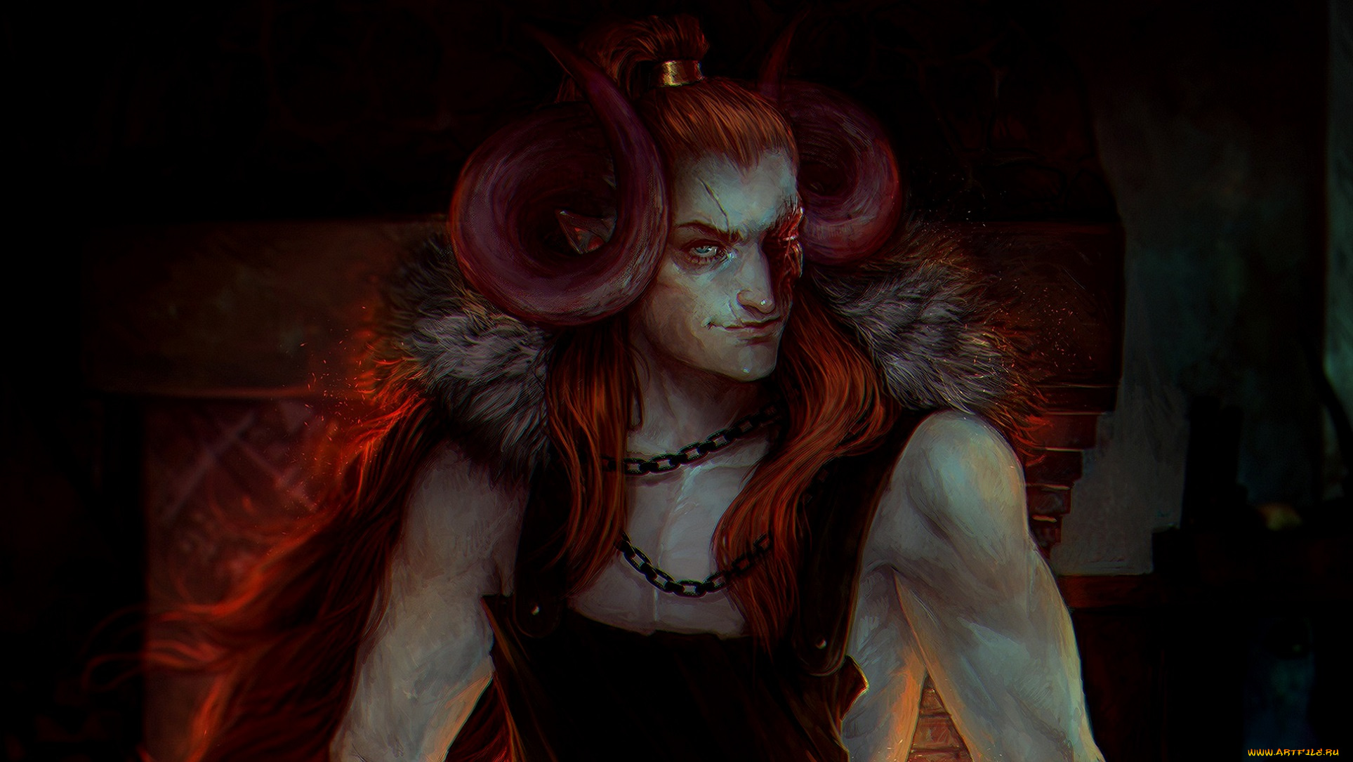 фэнтези, существа, парень, арт, взгляд, рана, рога