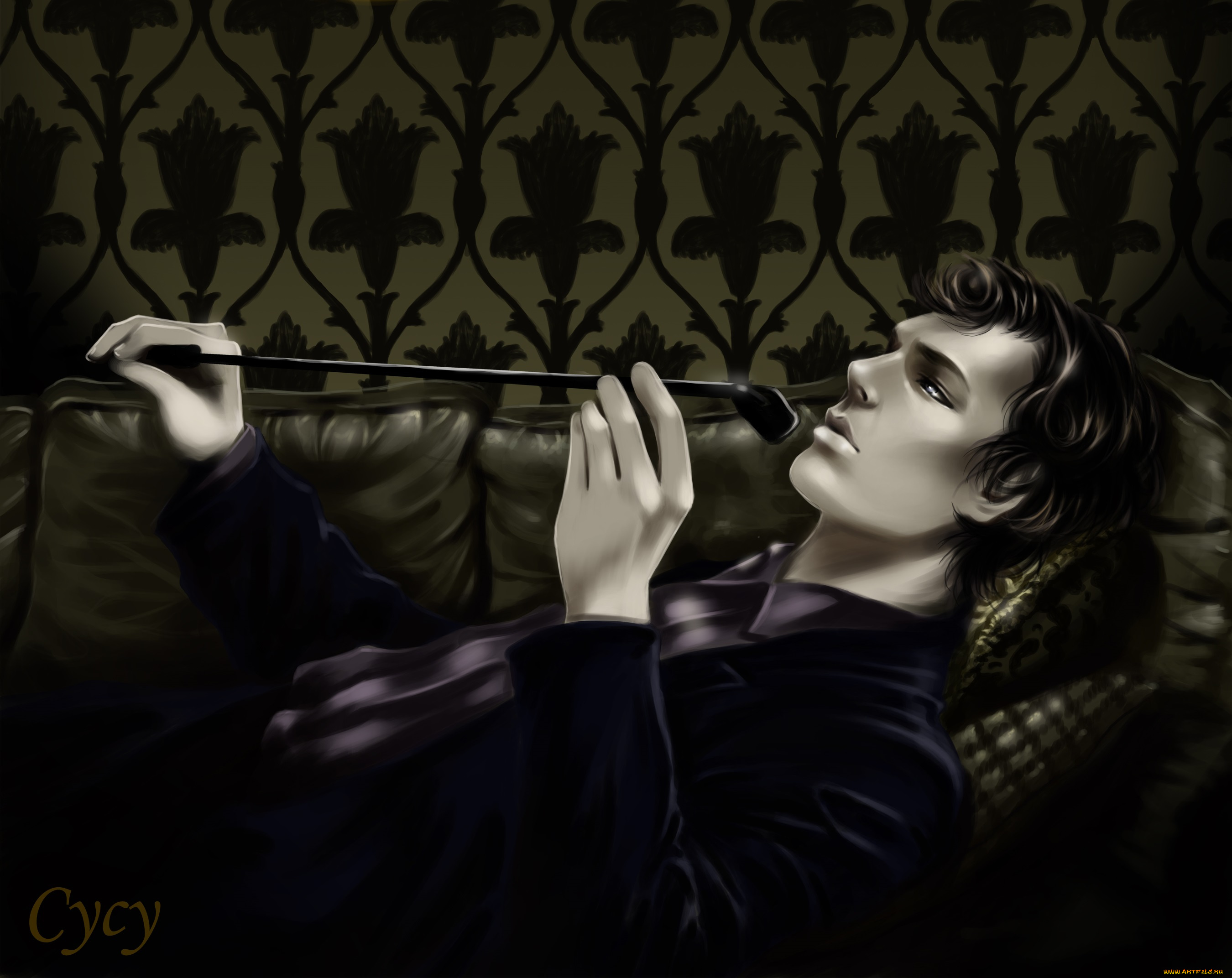 фэнтези, люди, брюнет, узор, комната, стена, лежит, ночь, парень, арт