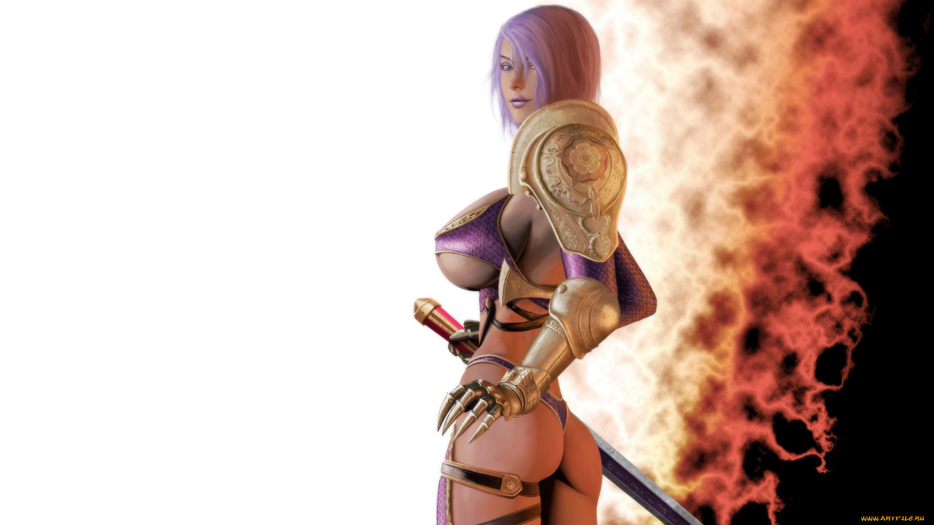 3д, графика, фантазия, , fantasy, девушка, фон, меч, латы, взгляд