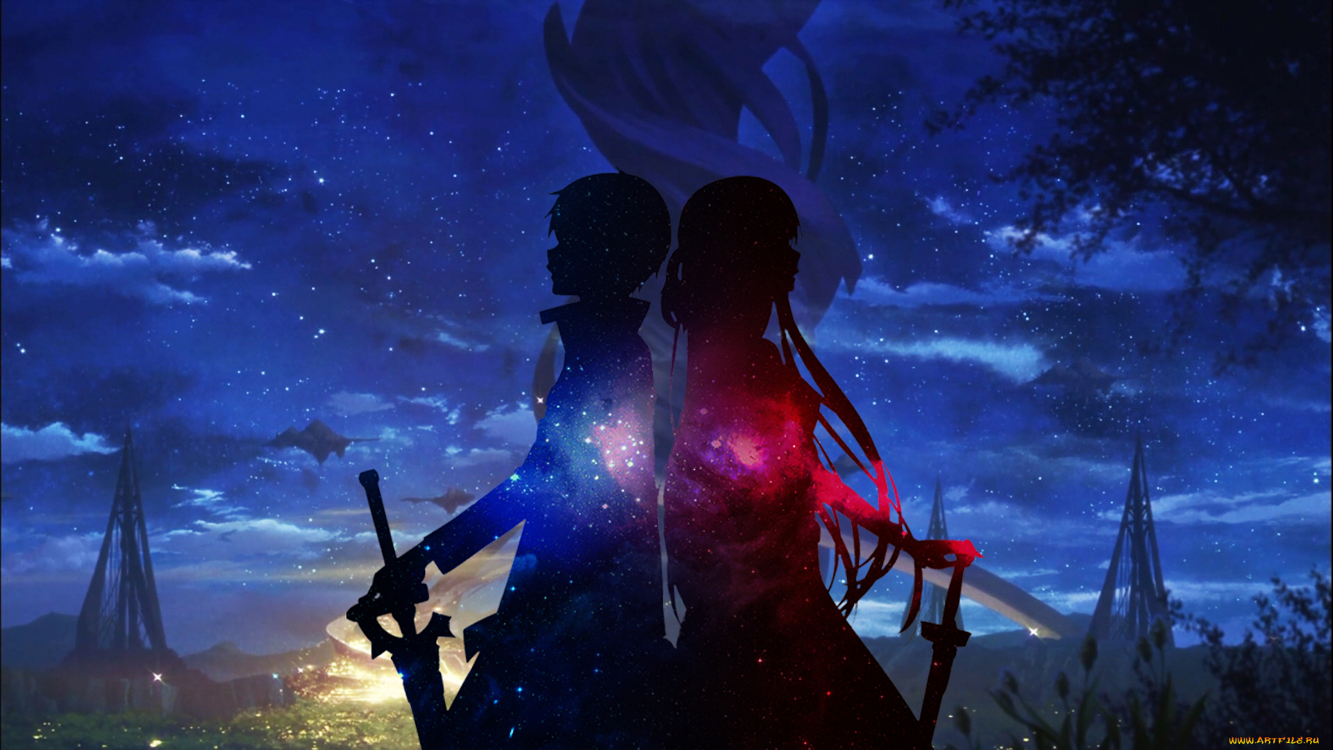 аниме, sword, art, online, силуэты