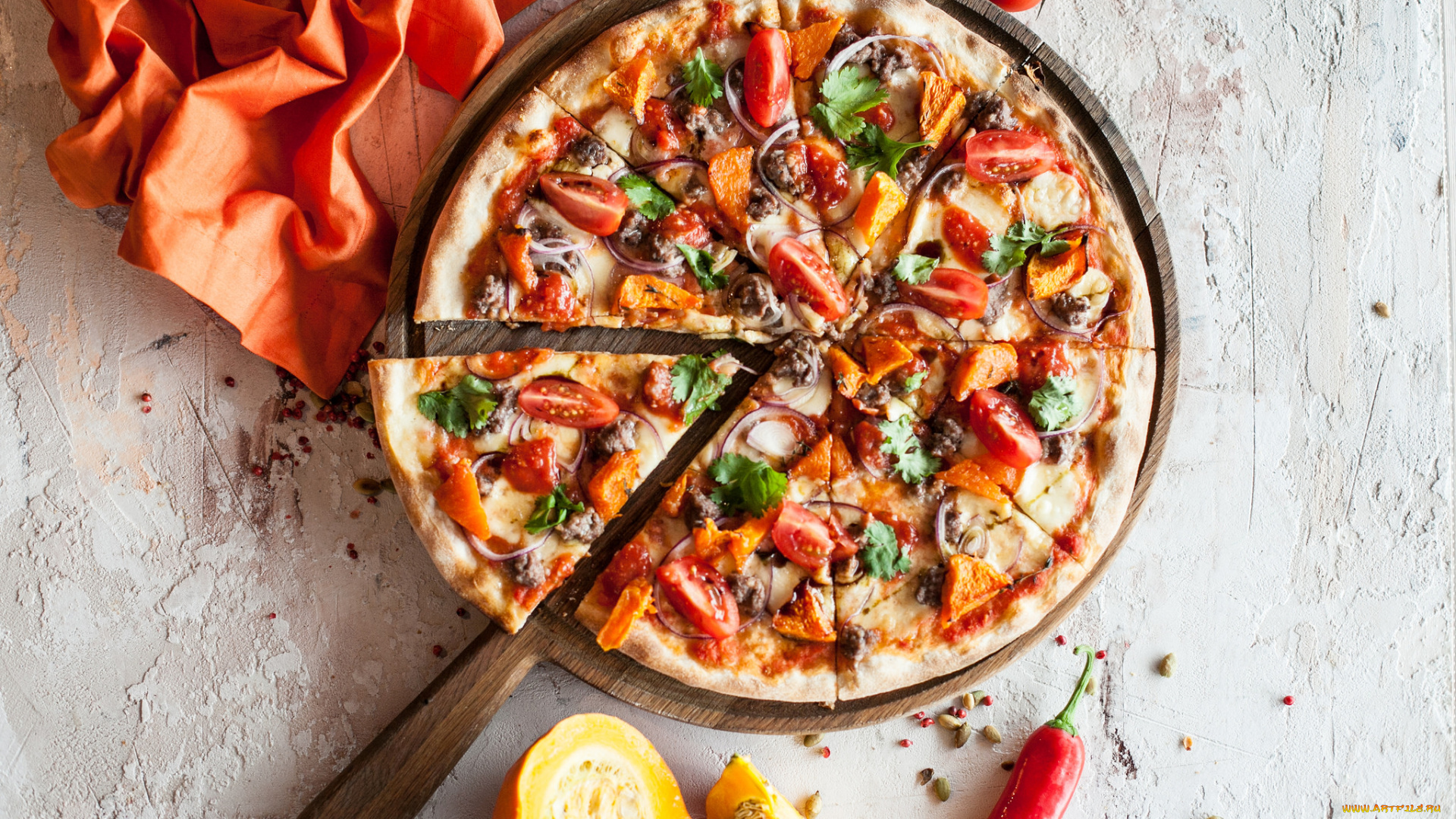 еда, пицца, помидоры, приправа, сыр