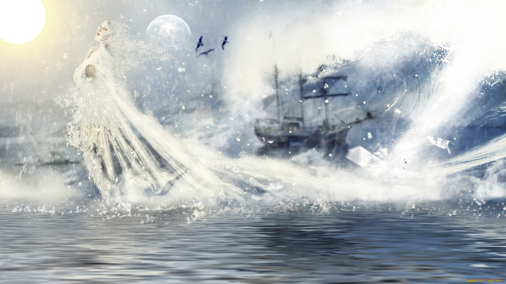 фэнтези, фотоарт, море, корабль, фон, девушка