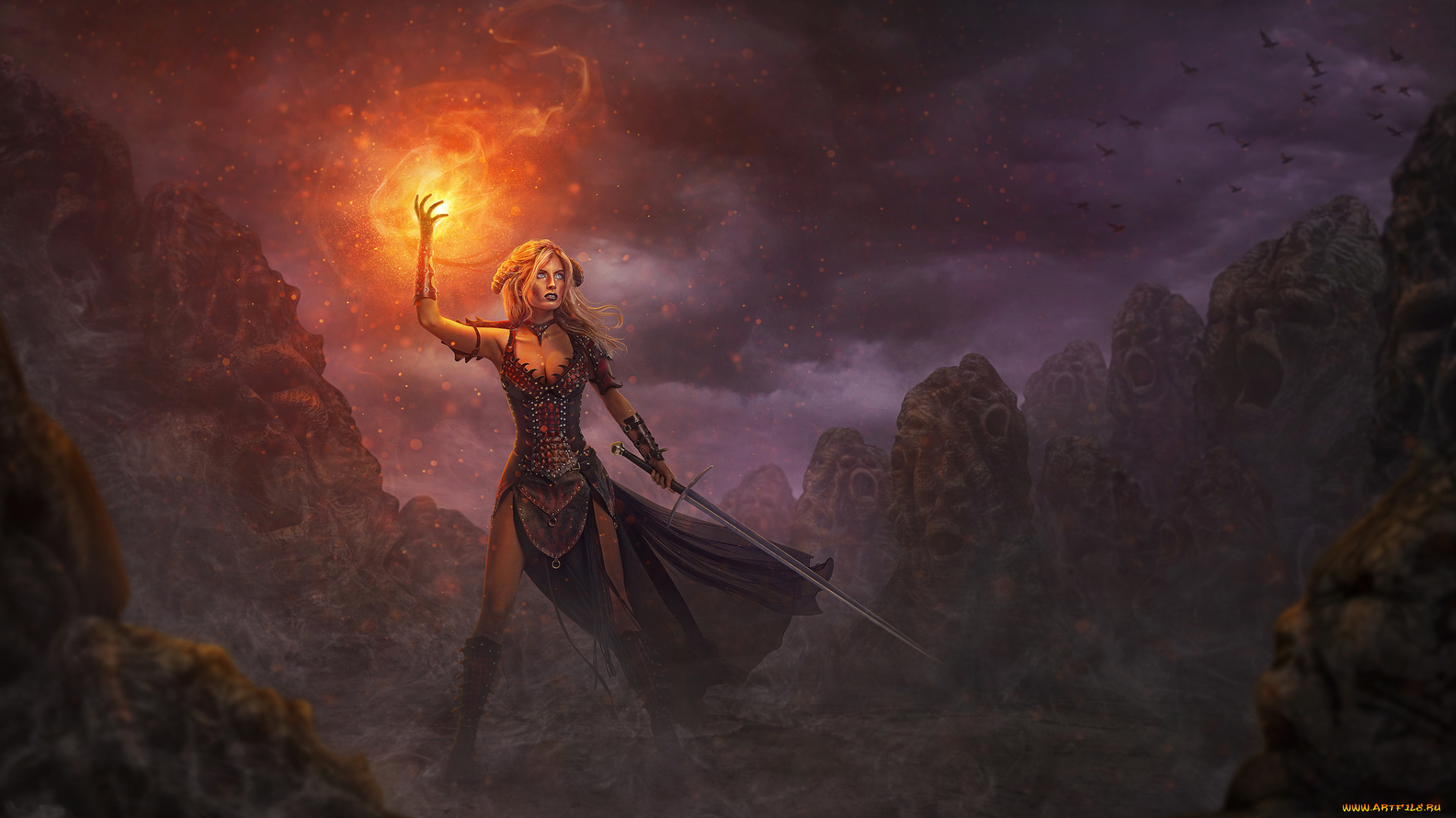 фэнтези, магия, девушка, арт, фон, оружие, меч, огонь