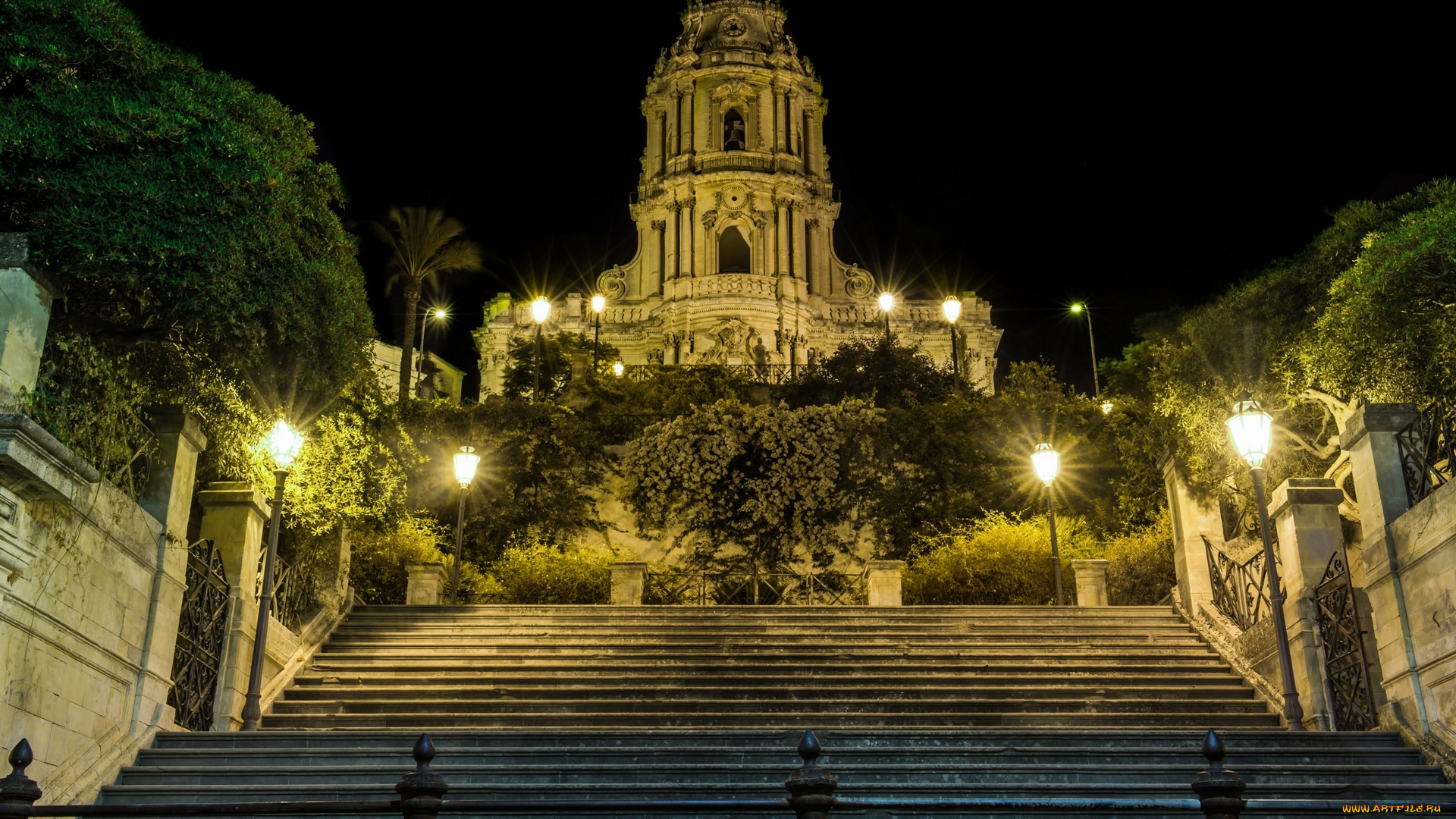 италия, города, -, огни, ночного, города, здание, ступени, фонари, ночь, деревья