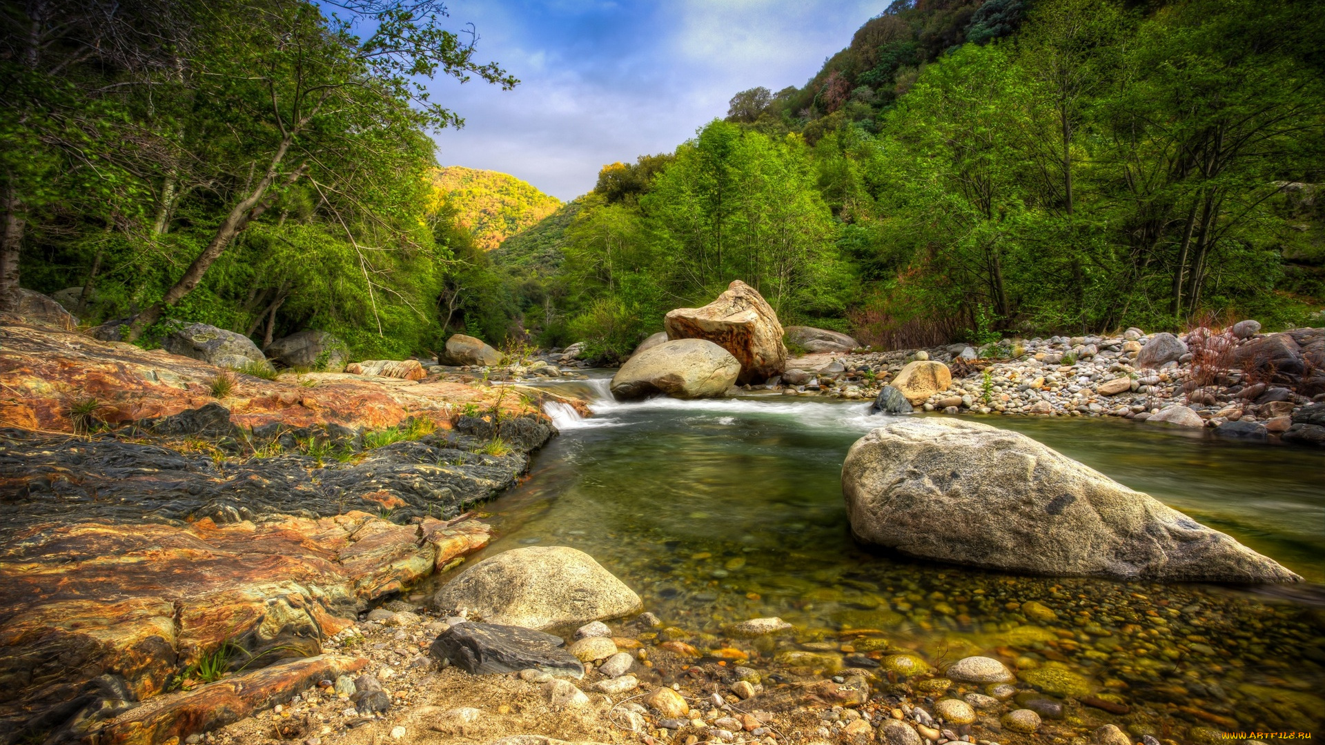 природа, реки, озера, водоем, камни, деревья, хлмы