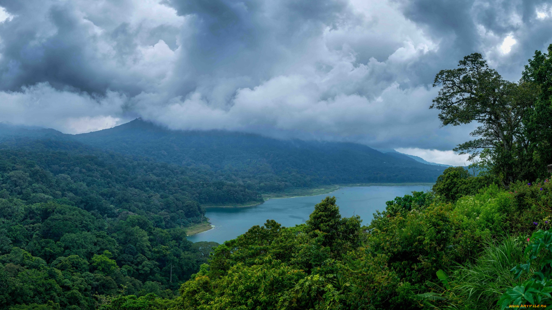природа, реки, озера, зелень, тропики, джунгли, побережье, море, пасмурно, тучи, горы, индонезия, залив, bali