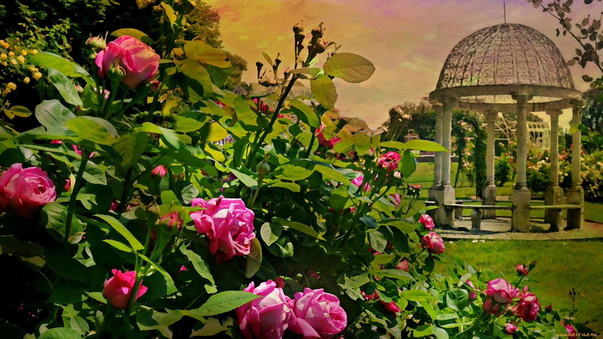рисованное, цветы, картина, беседка, розы