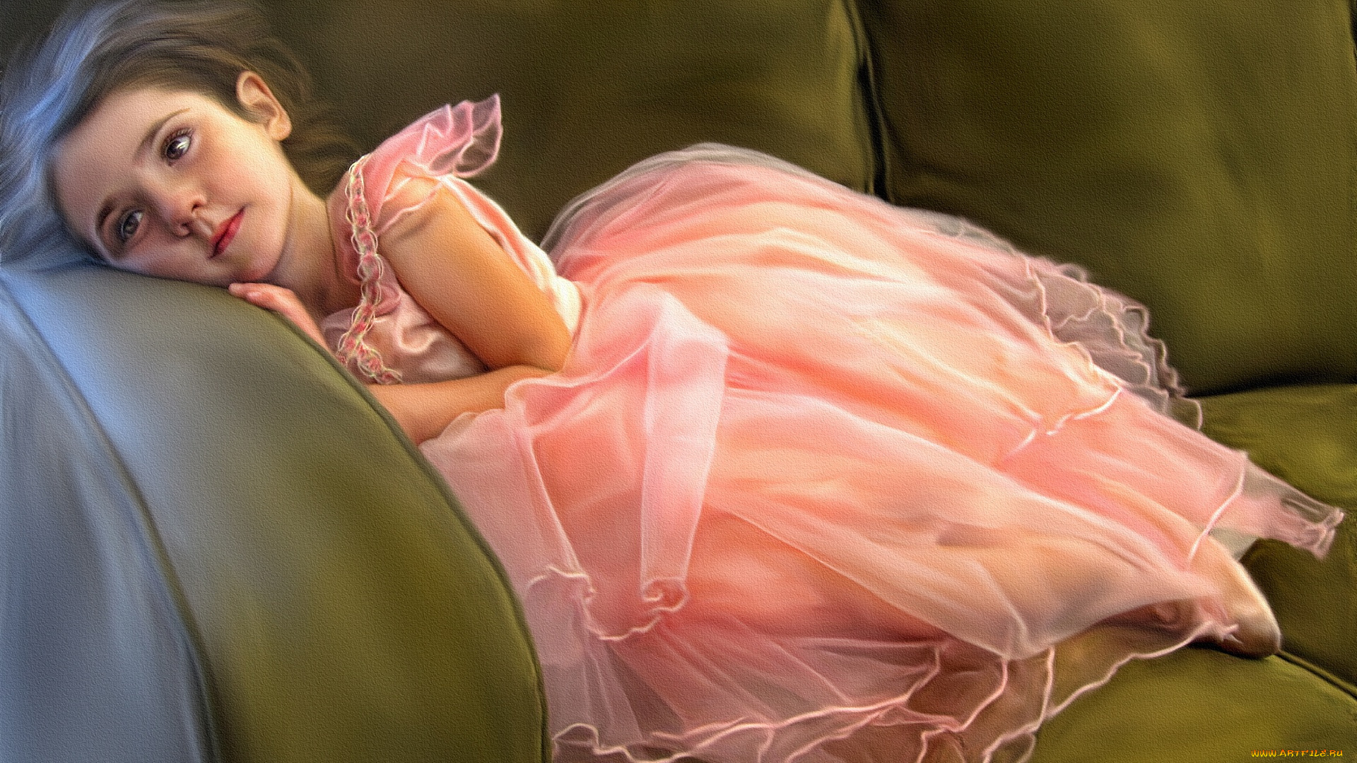 рисованное, дети, девочка, красивое, платье, диван