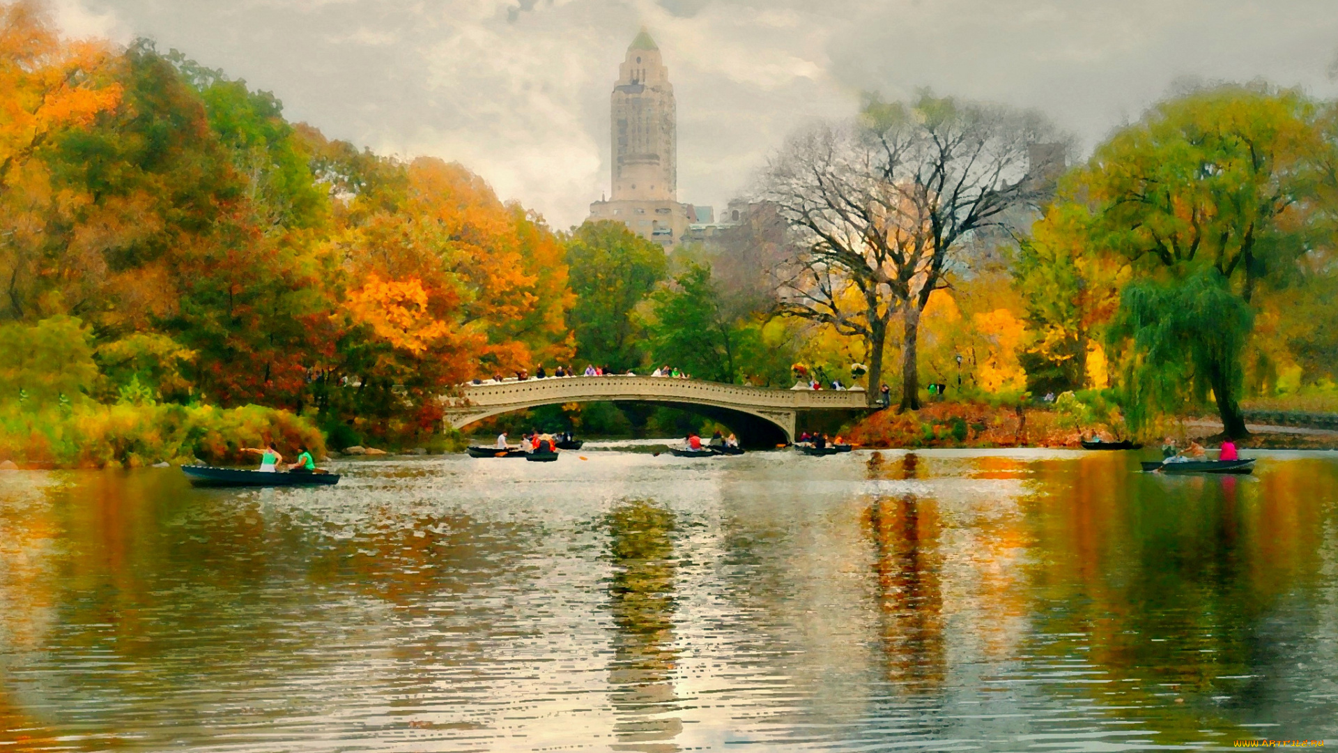 рисованное, города, мост, река, парк, город